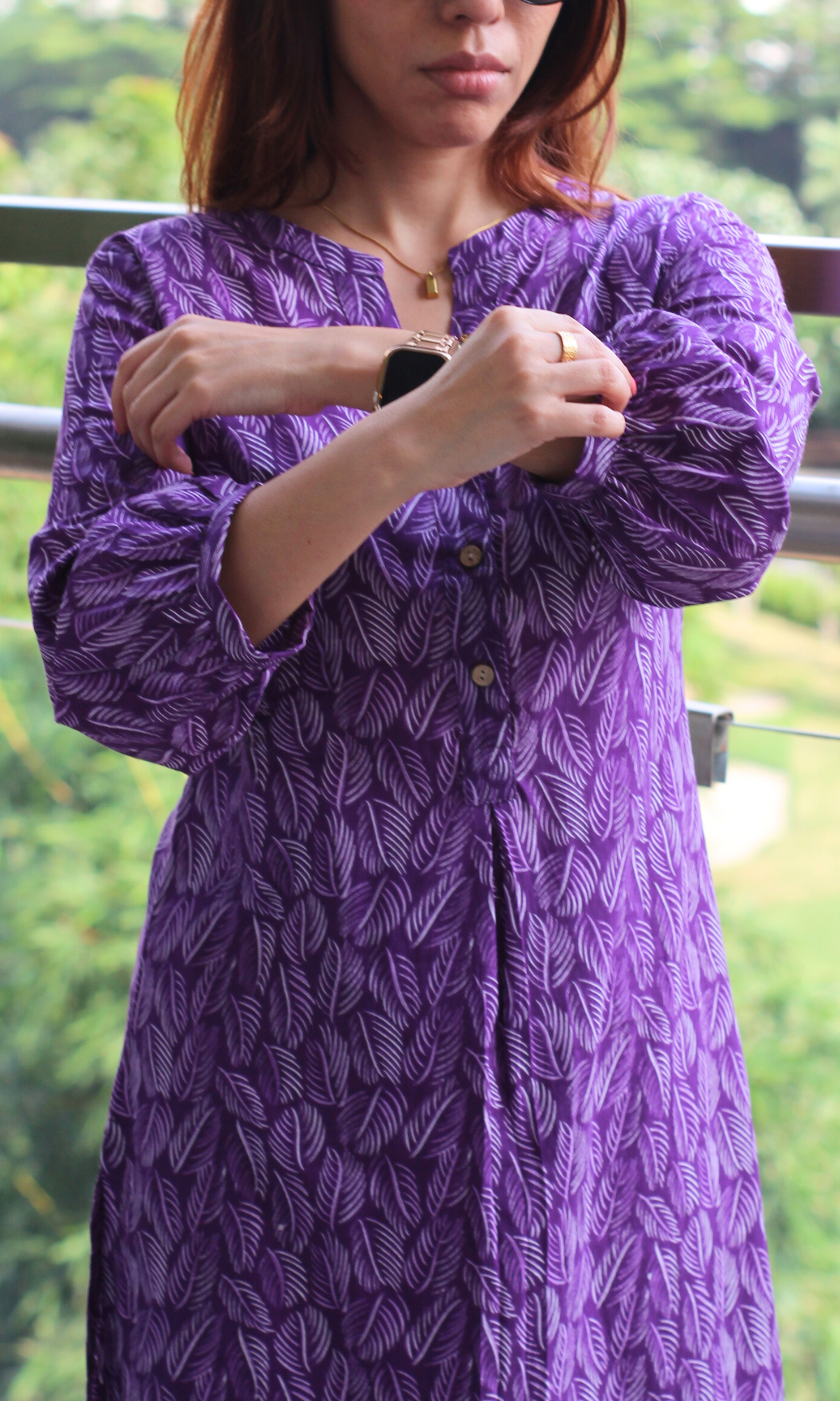 Purple Leaf Print Mandarin Neck Buttoned Kurta & Pant