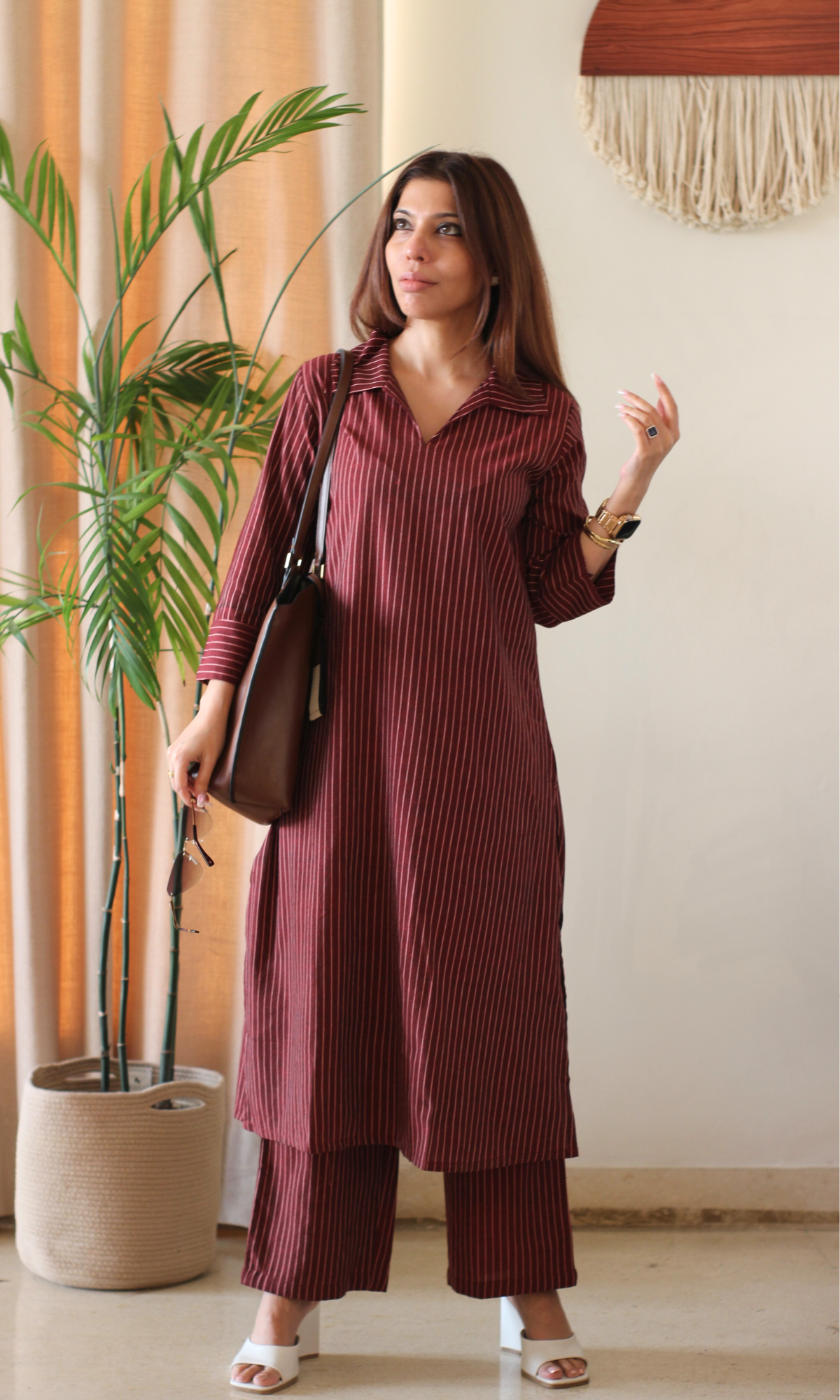 Maroon Cotton Ikat Striped Kurta & Pants