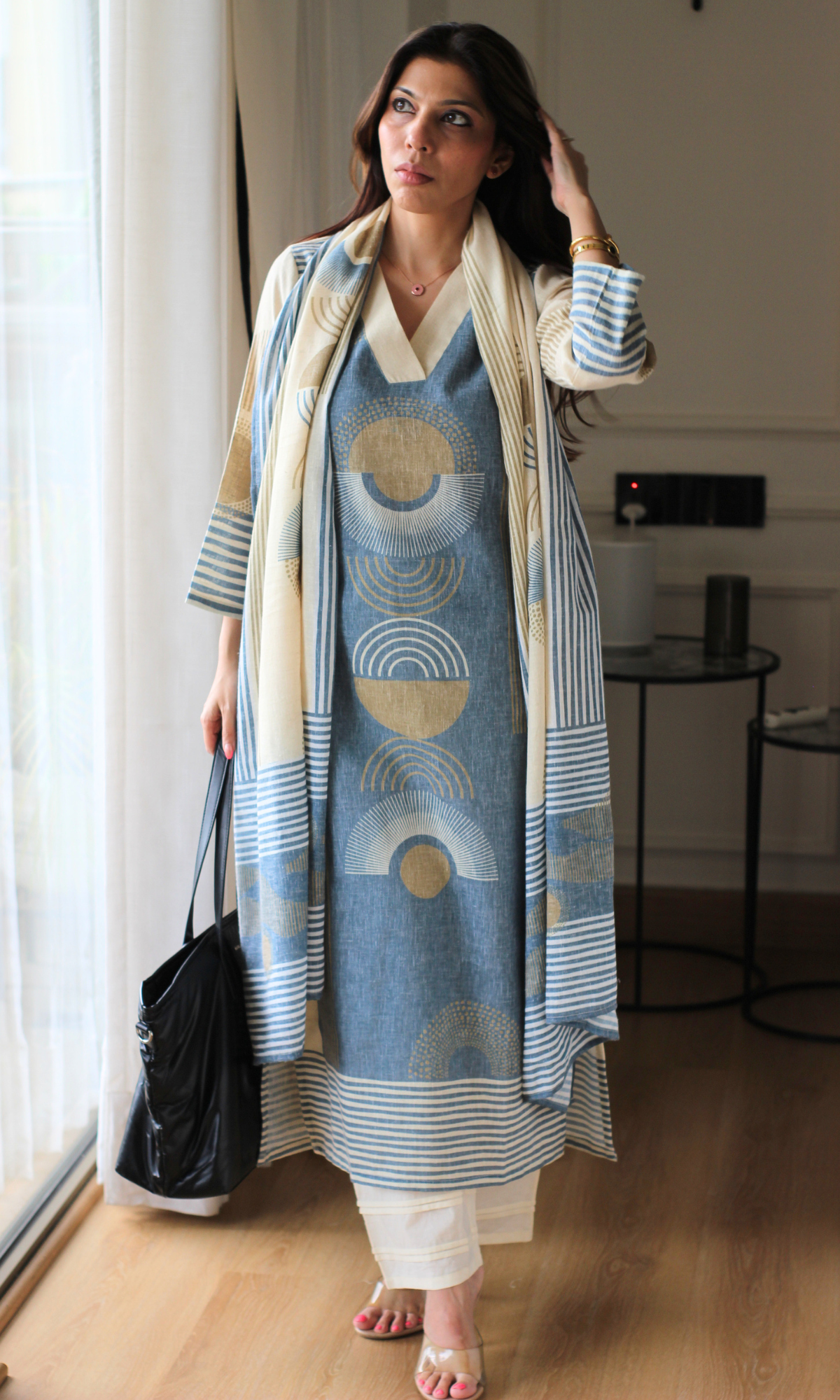 Linen Blend Beige Half Moon Print Kurta , Dupatta with Cotton Pants