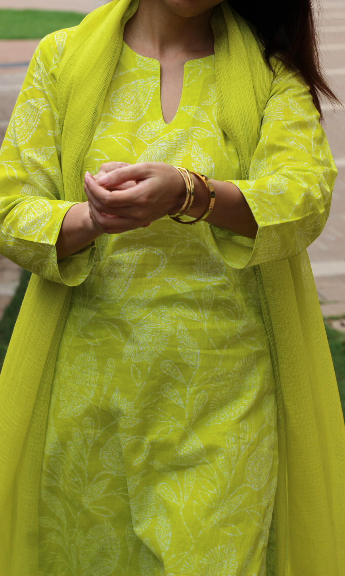 Lime Paisley Printed Cotton Kurta, Pant & Kota Doria Dupatta