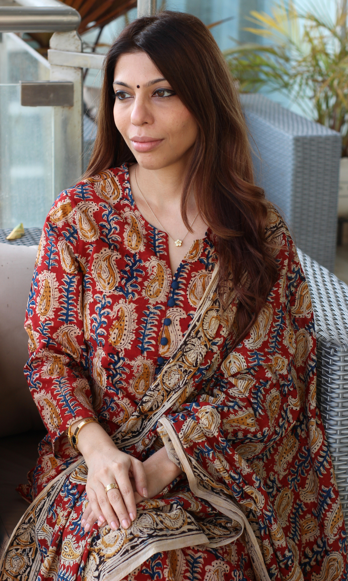 Kalamkari Red & Blue Cotton Kurta & Hand Block Kalamkari Dupatta