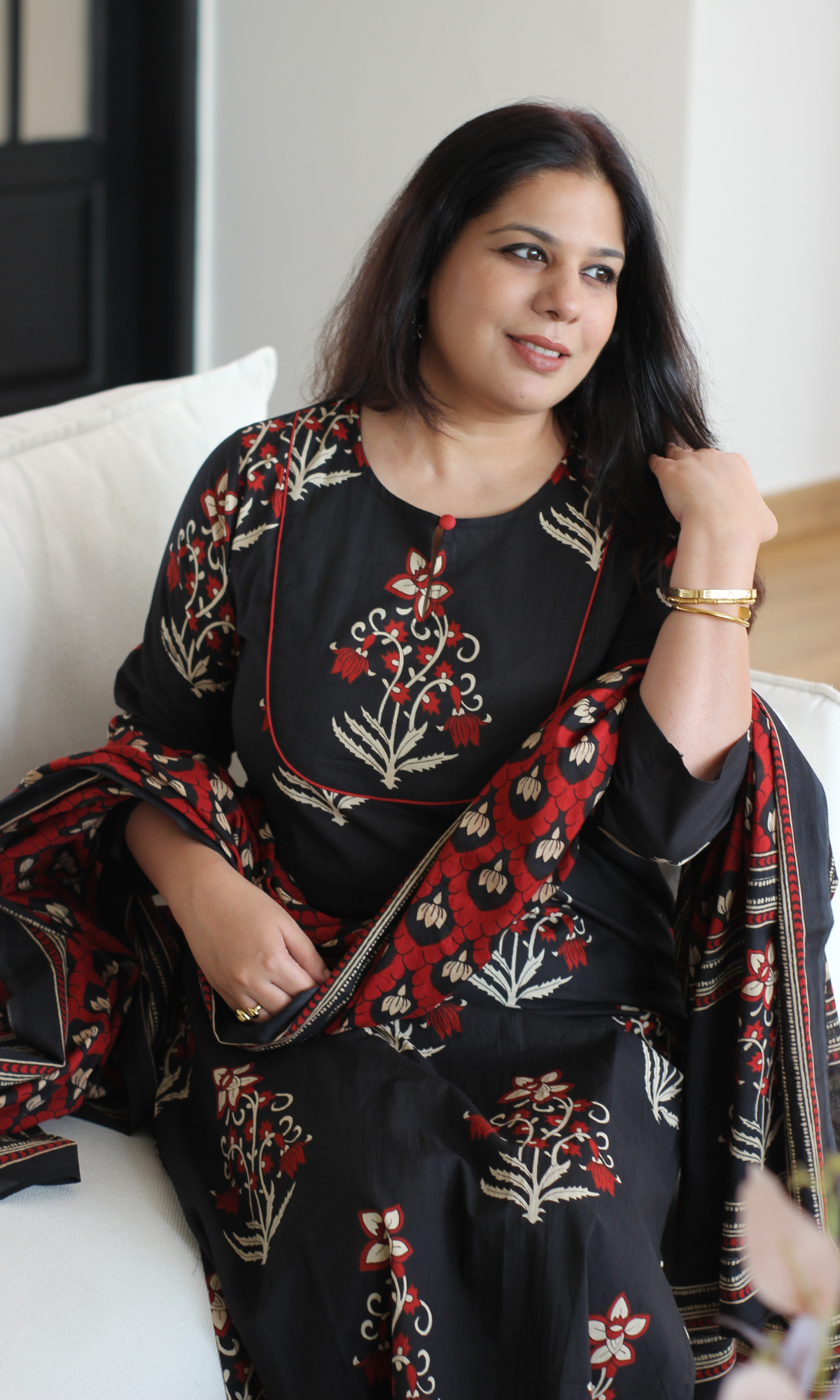 Cotton Black with Red Mughal Kurta, Block Printed Dupatta & Pants