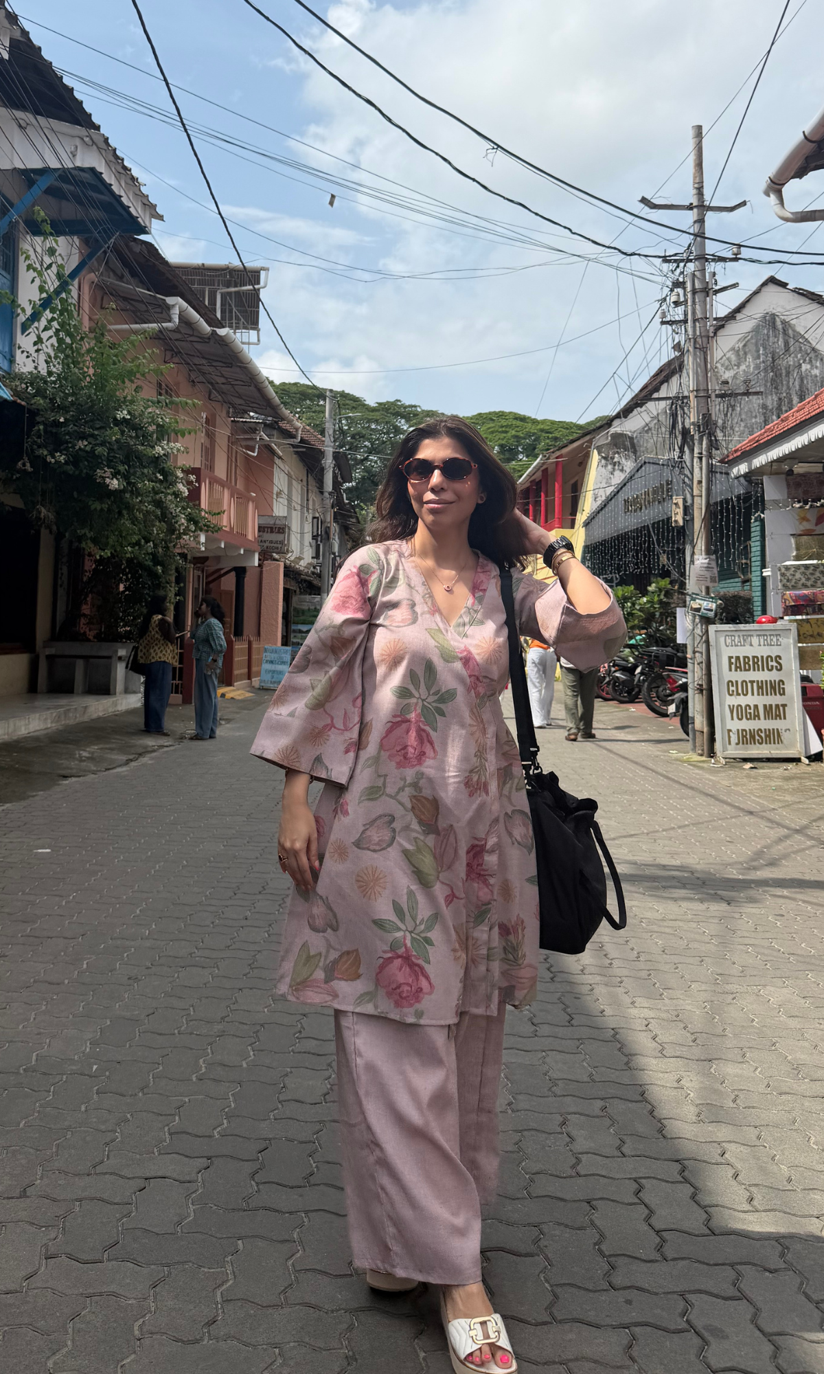 Dusty Pink Bloom Linen Blend Kimono Kurta with Linen Pants