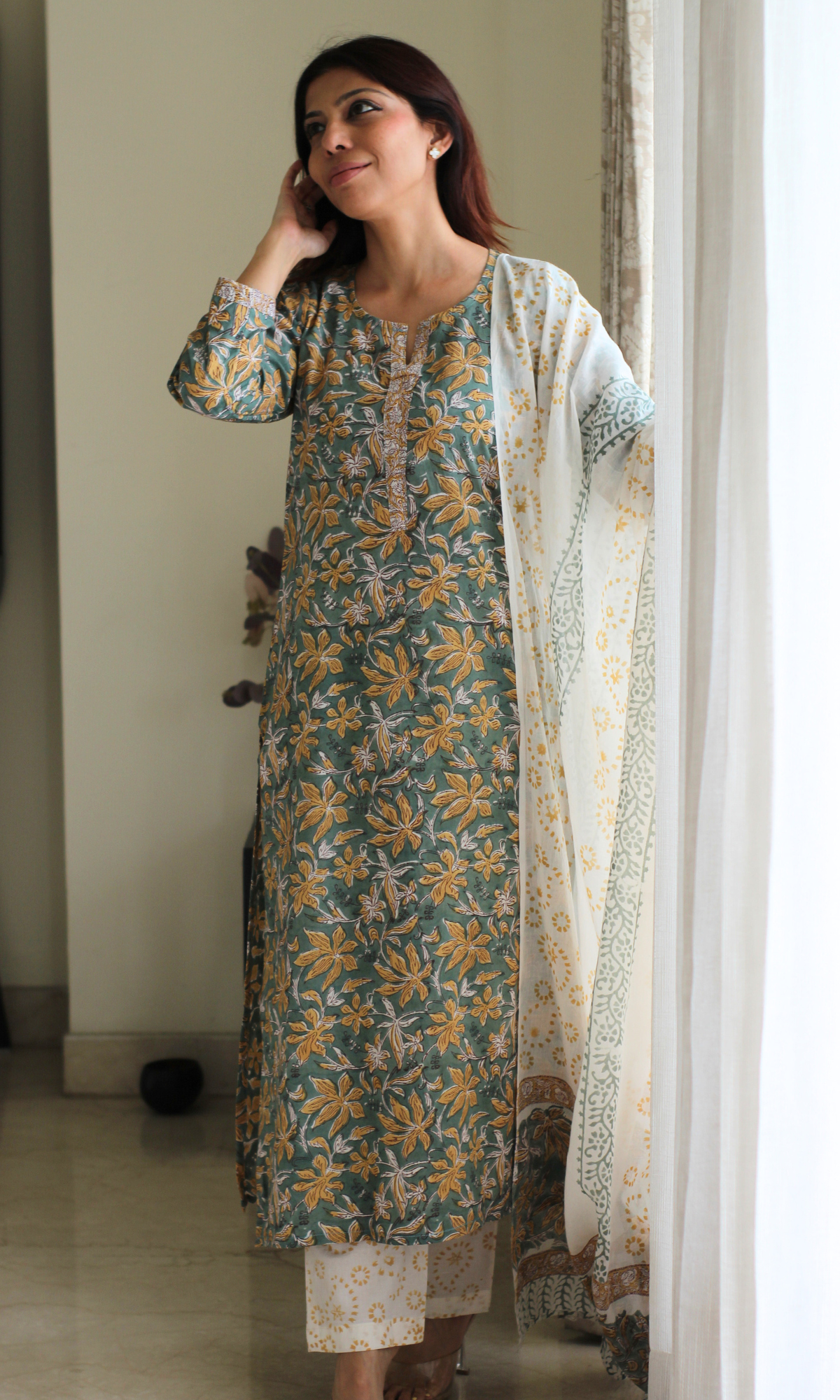 Cotton Bamboo Green Handblock Print Kurta, Pant and Mul Dupatta
