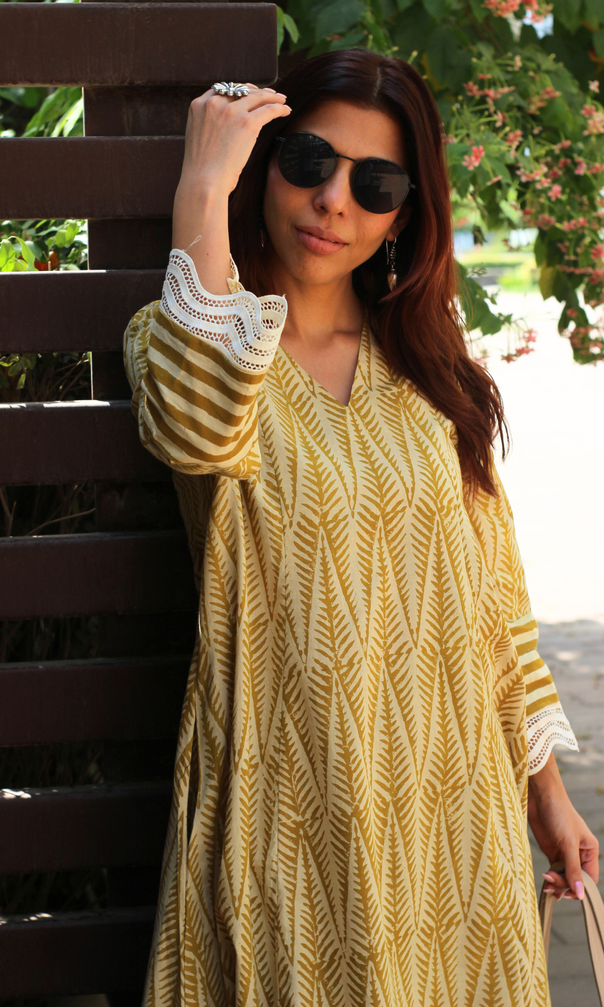 Cotton Handblock Mustard Leafline A line , Laced Sleeve Kurta with Pants