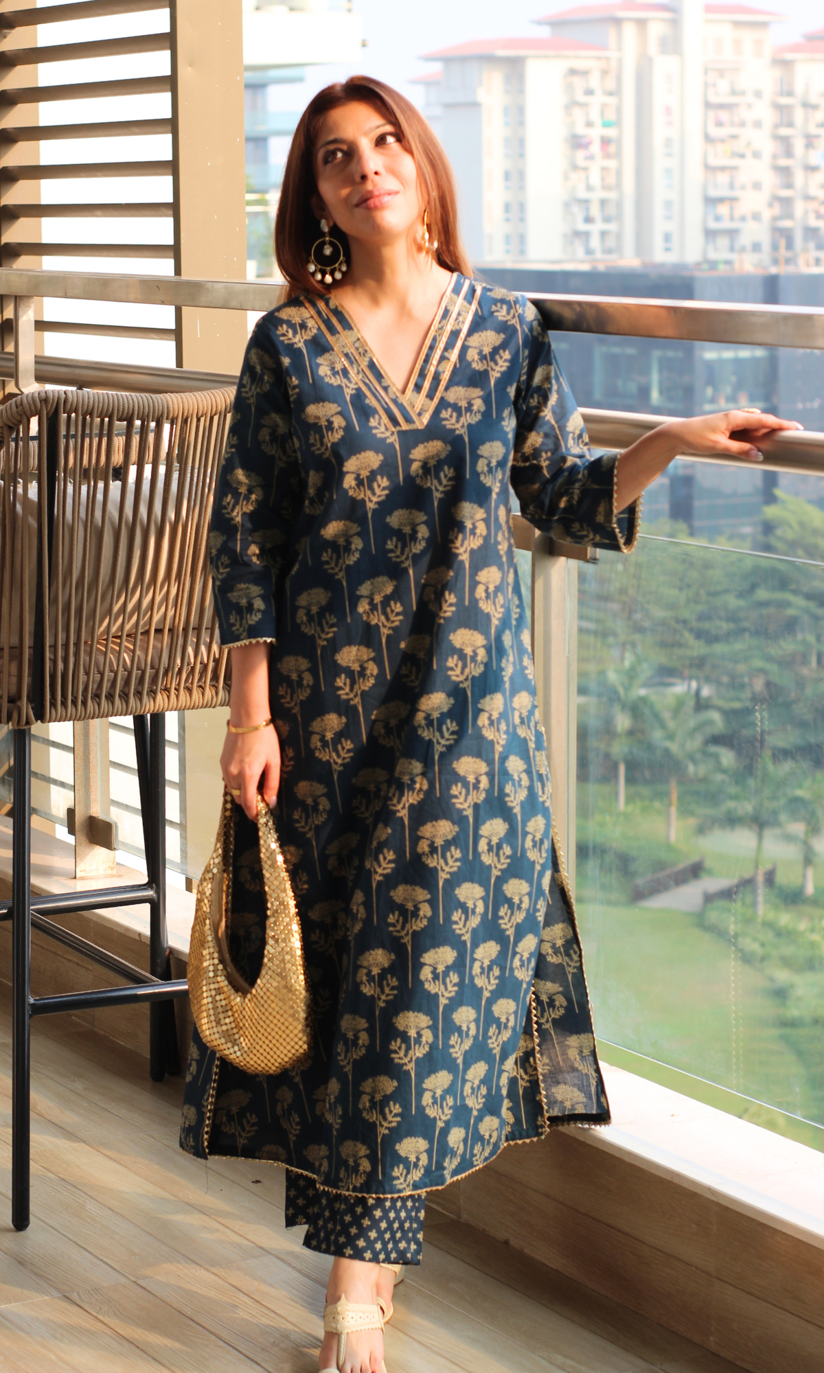Cotton Peacock Teal & Gold Mughal Print Kurta & Pant