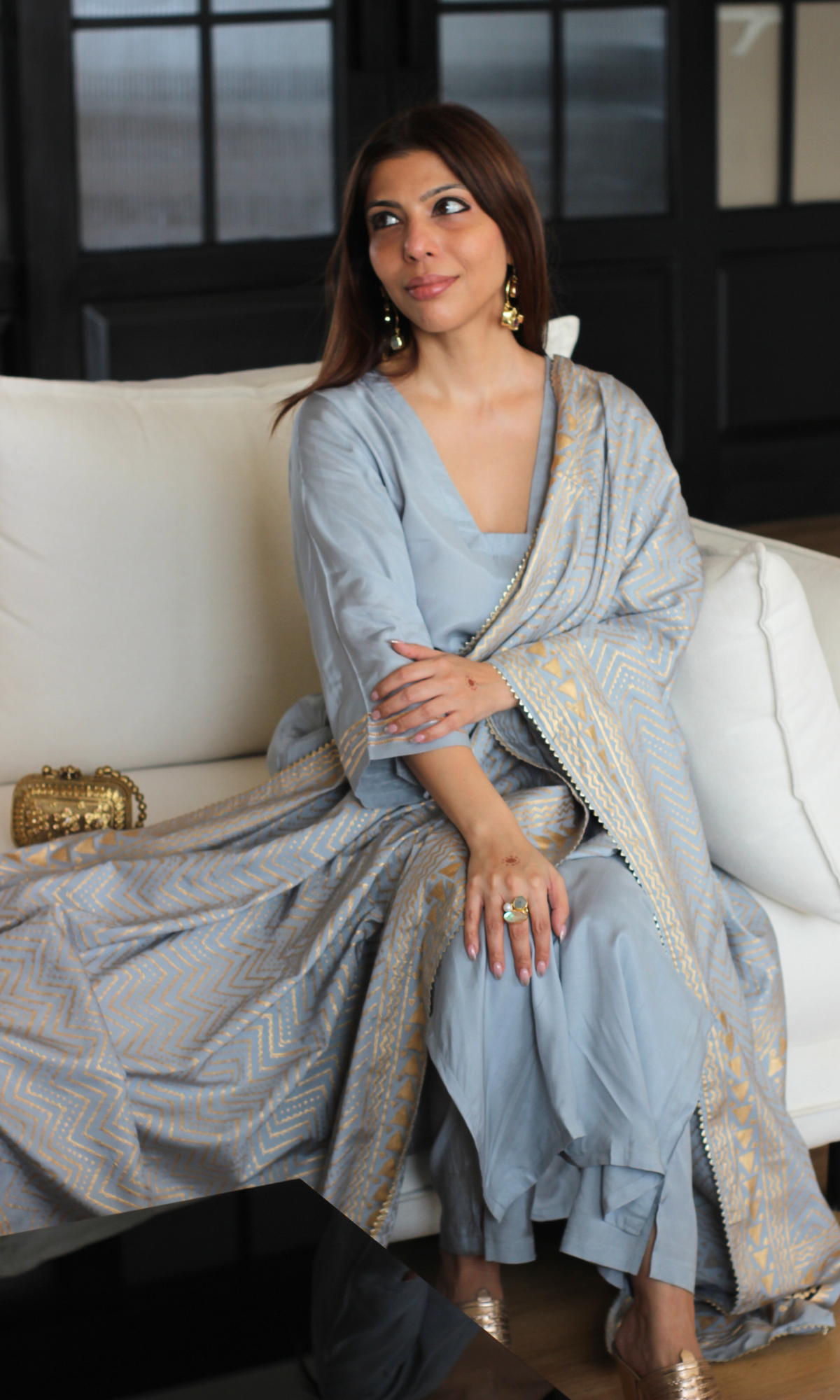 Mist Blue Feroza Muslin Silk Suit with Handpainted Dupatta