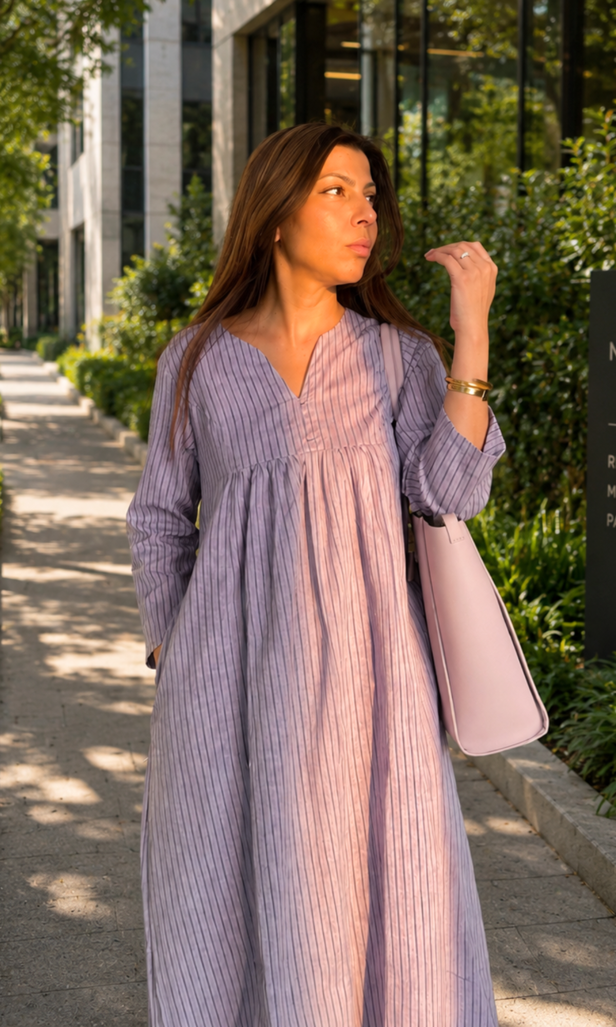Handloom Cotton Lavender Striped Pleated Kurta & Pant