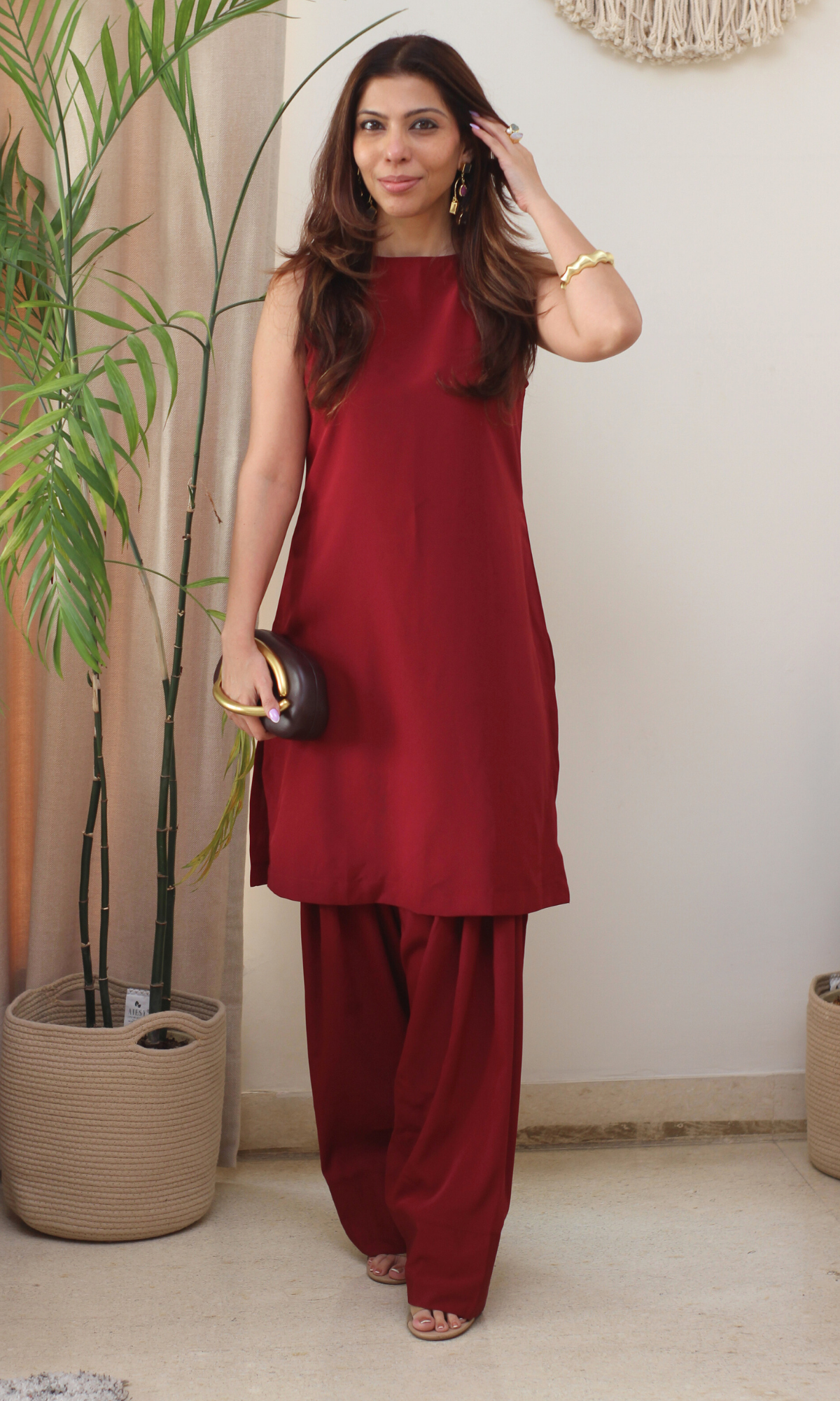 Ruby Glossy Boat Neck Kurta with Farshi Salwaar