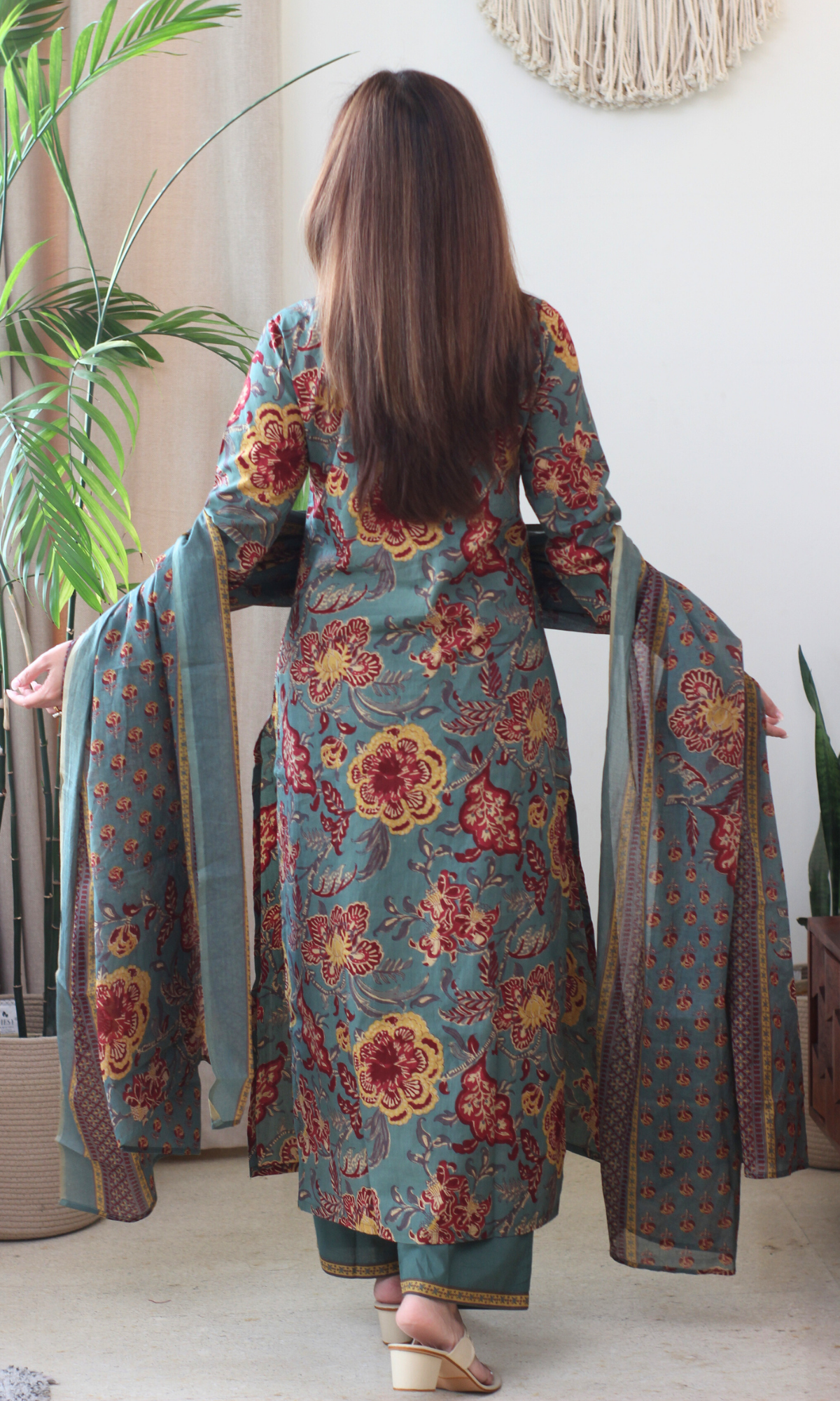 Cotton Dusty Green & Yellow Printed Kurta, Pant & Cotton Dupatta