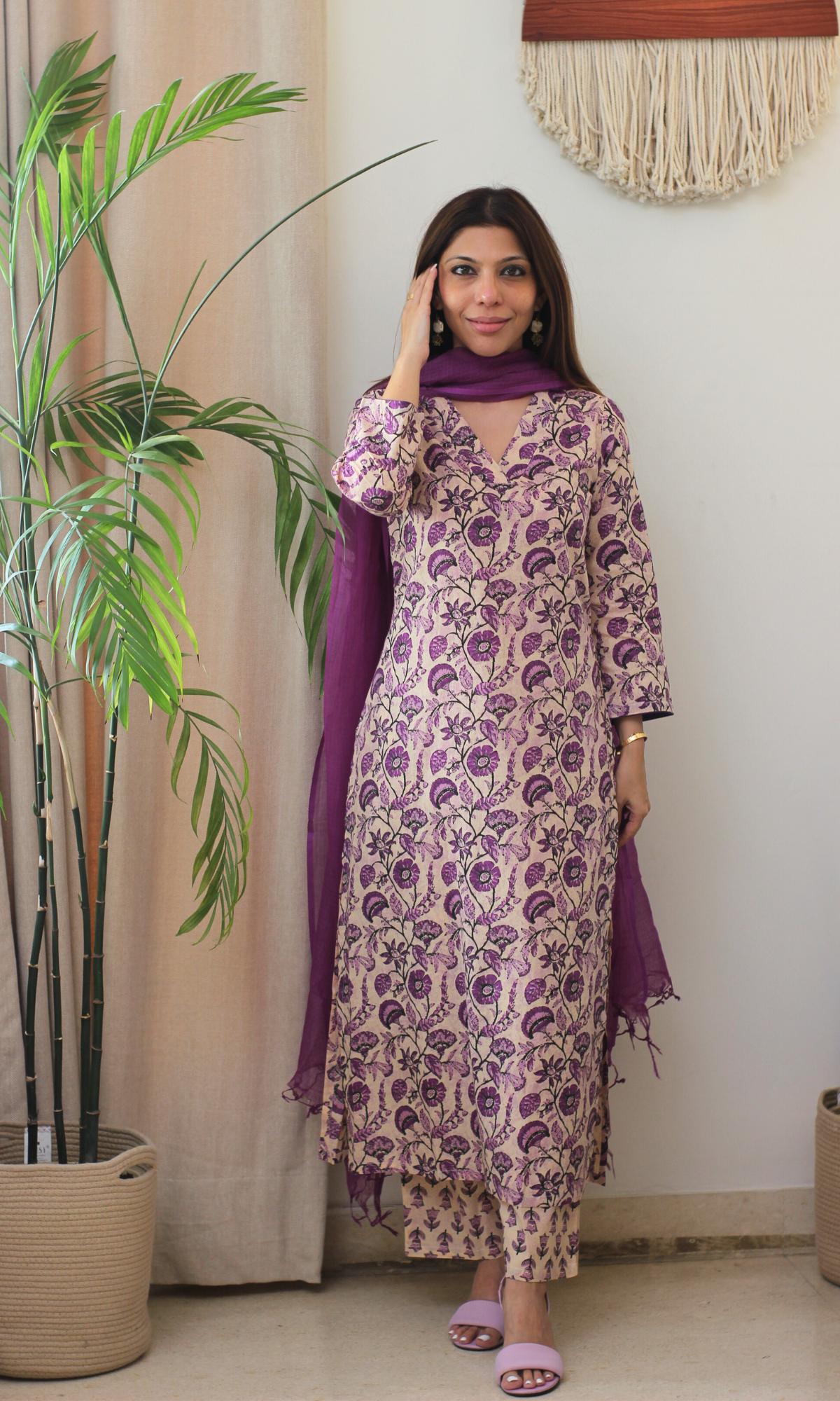 Cotton Dusty Lilac Dabu Print Kurta, Pant & Kota Doria Dupatta