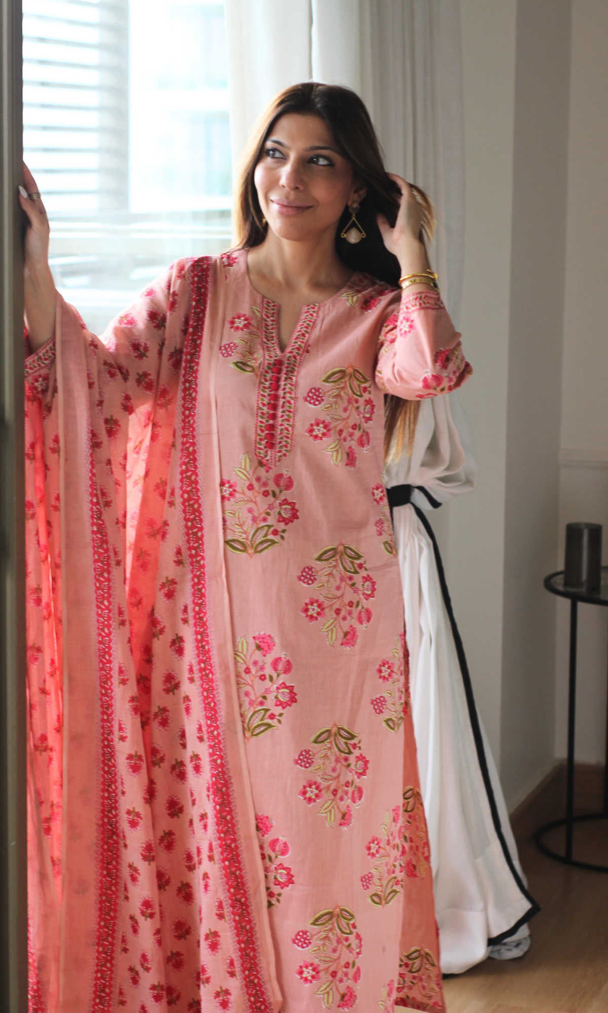 Blush & Red Mughal Print Kurta, Cotton Pants & Cotton Printed Dupatta