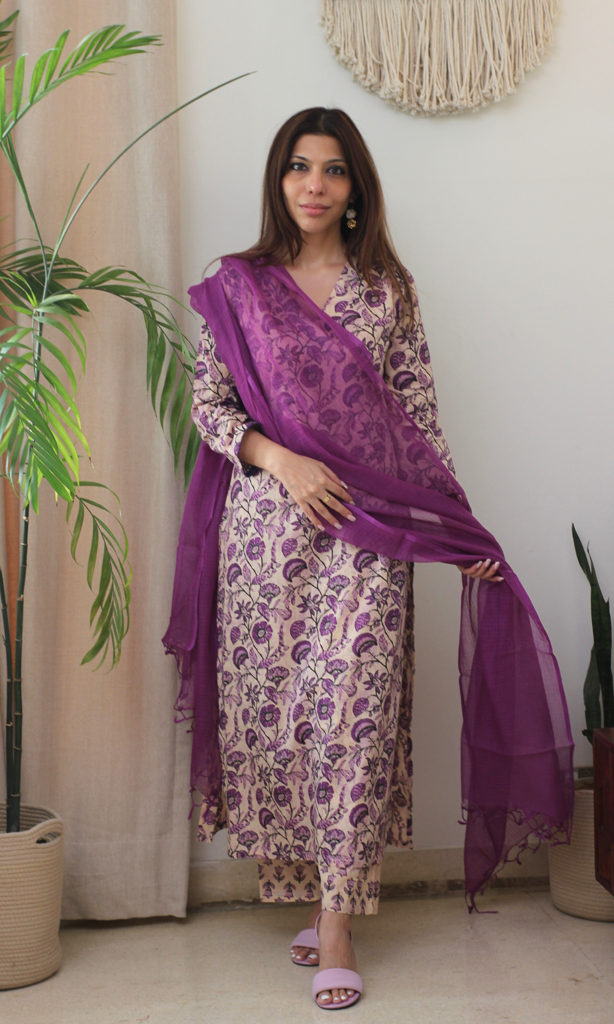 Cotton Dusty Lilac Dabu Print Kurta, Pant & Kota Doria Dupatta