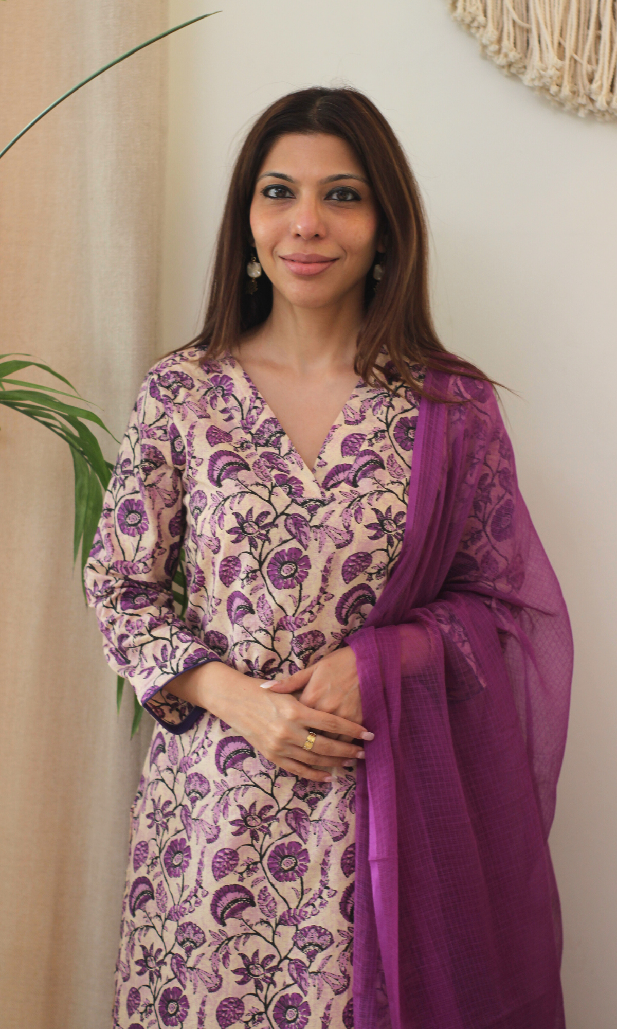 Cotton Dusty Lilac Dabu Print Kurta, Pant & Kota Doria Dupatta