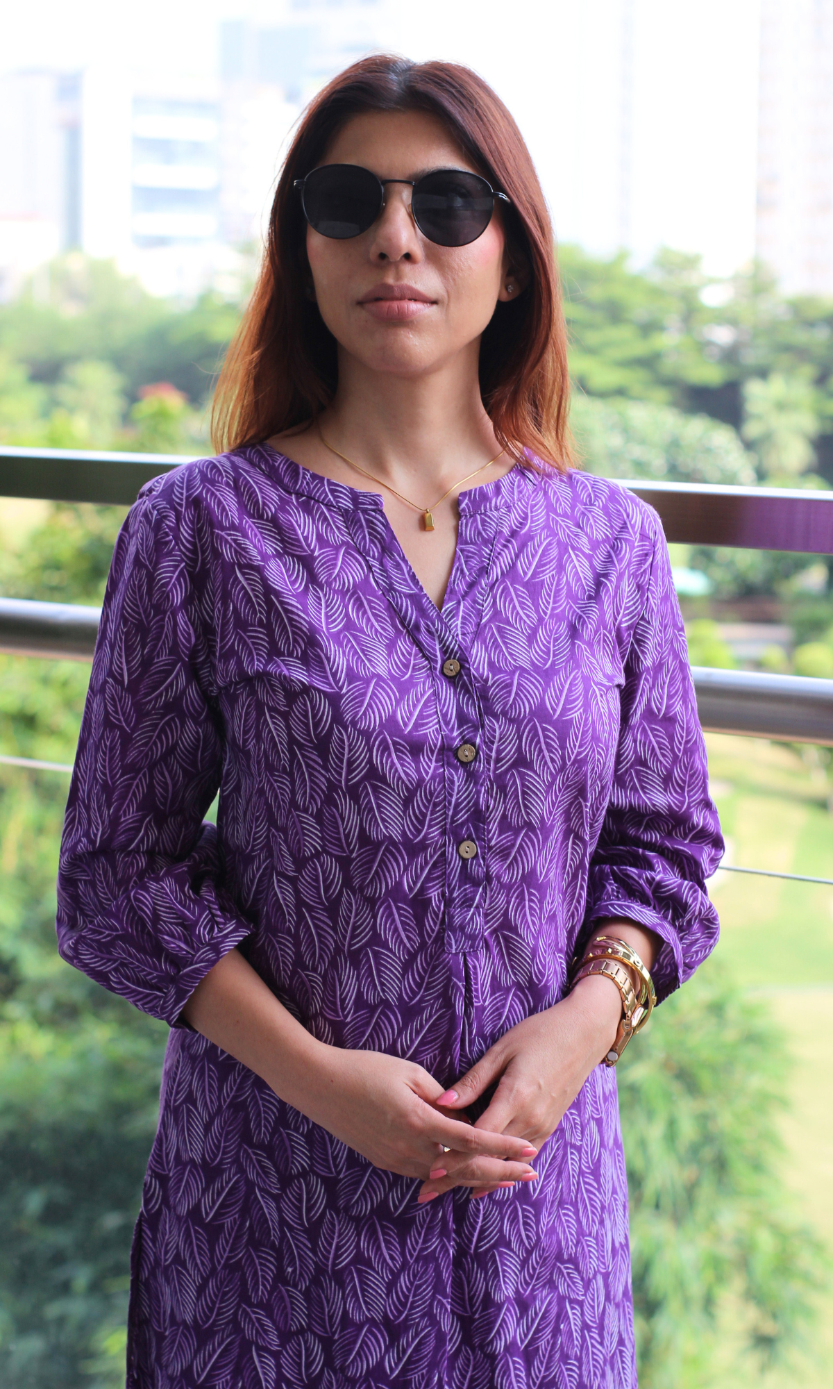 Purple Leaf Print Mandarin Neck Buttoned Kurta & Pant