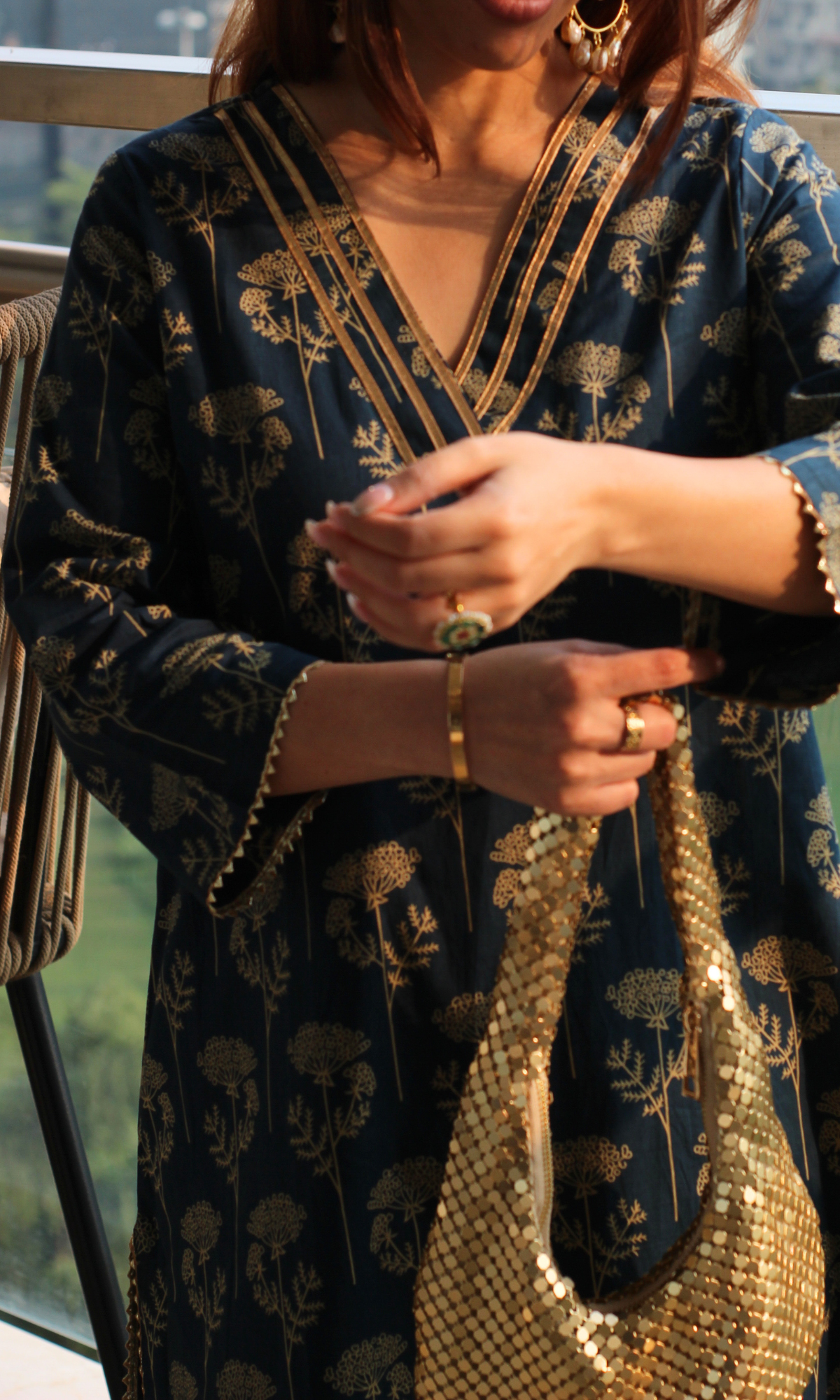 Cotton Peacock Teal & Gold Mughal Print Kurta & Pant