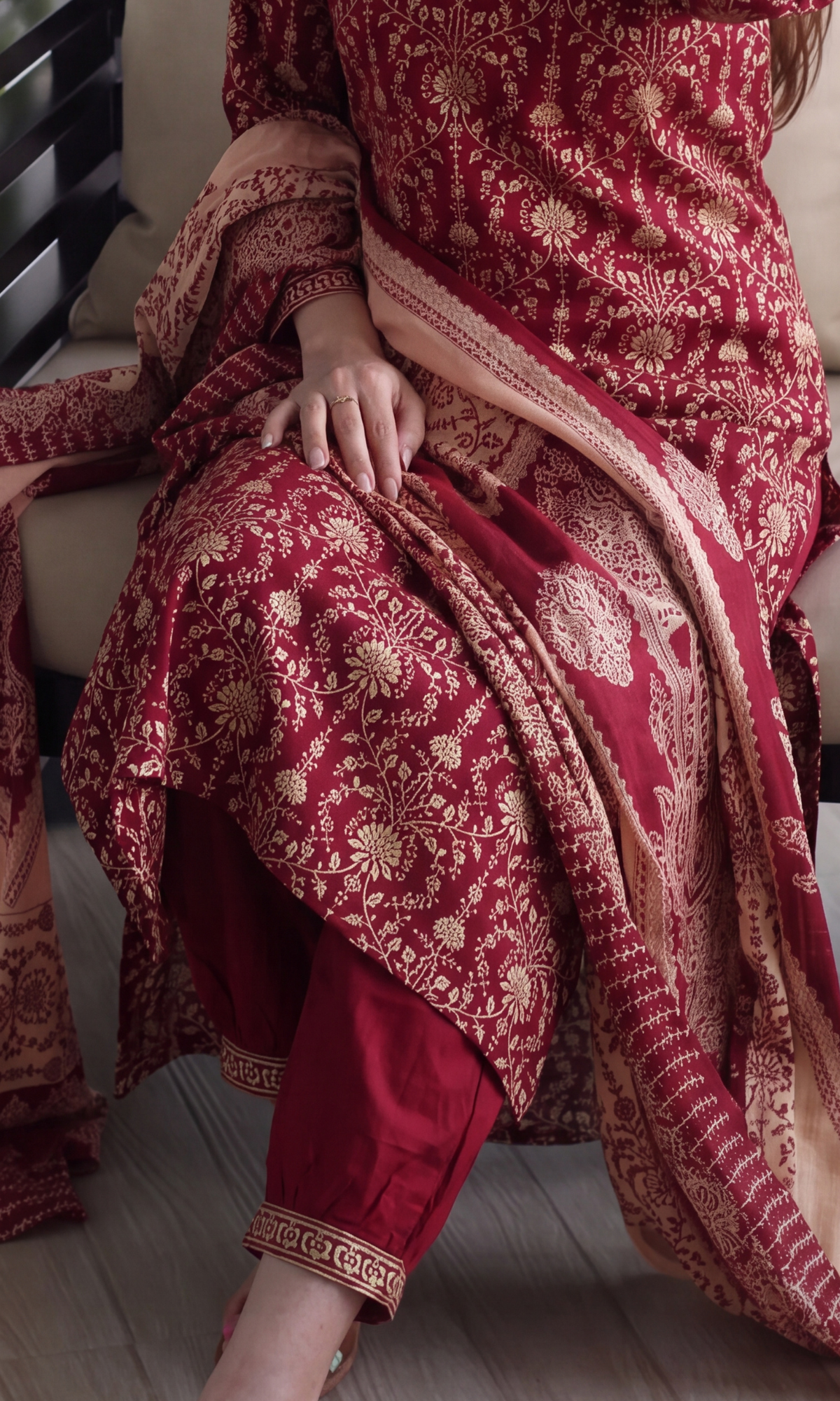 Deep Red Cotton Jal Print Kurta, Afghani pant & Cotton Printed Dupatta