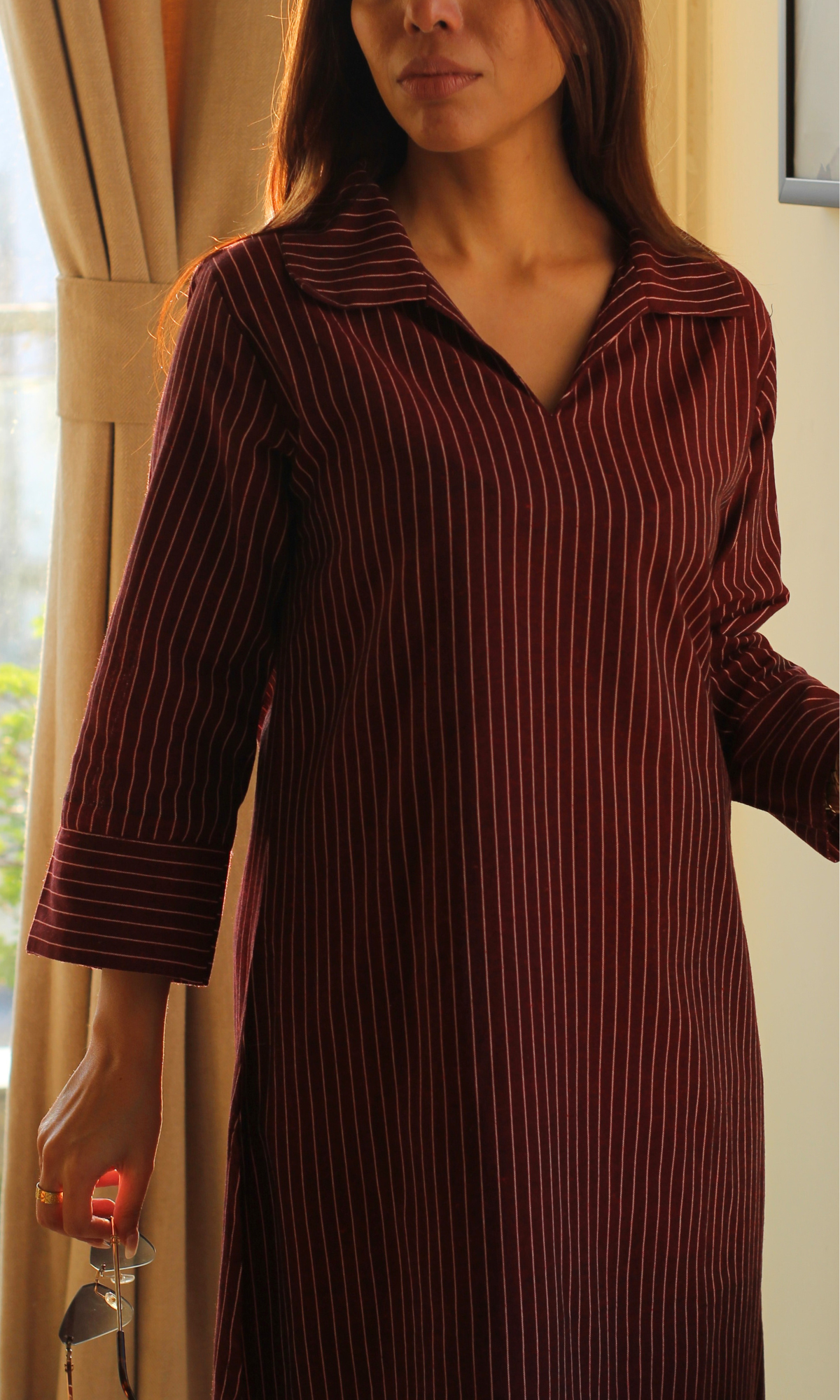 Maroon Cotton Ikat Striped Kurta & Pants
