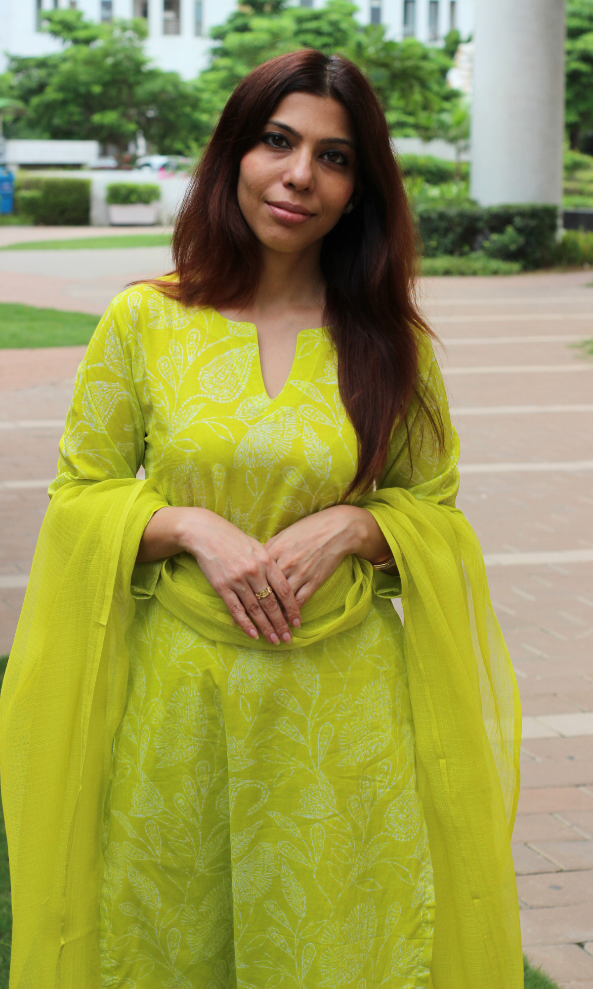 Lime Paisley Printed Cotton Kurta, Pant & Kota Doria Dupatta