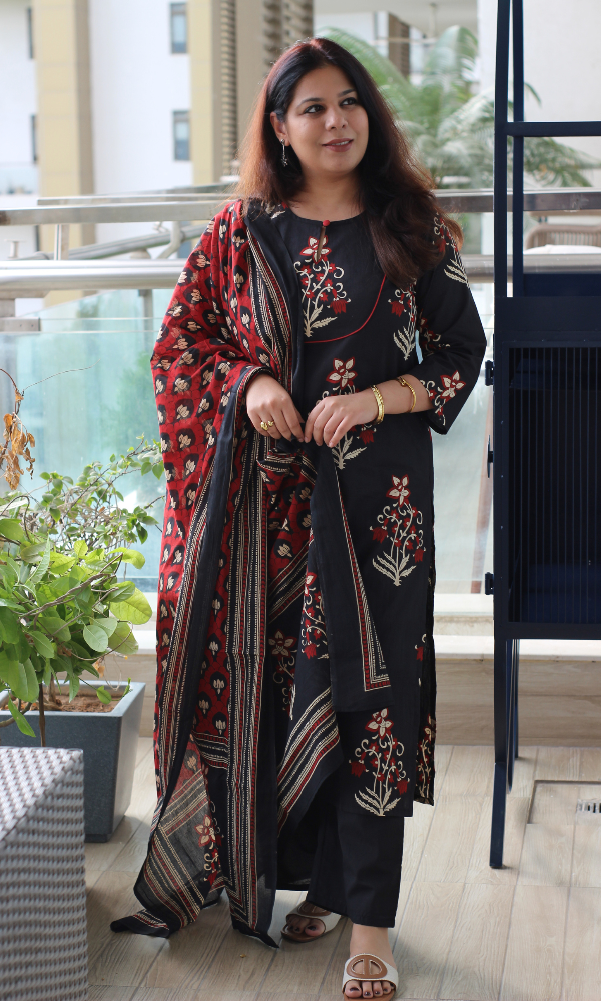 Cotton Black with Red Mughal Kurta, Block Printed Dupatta & Pants