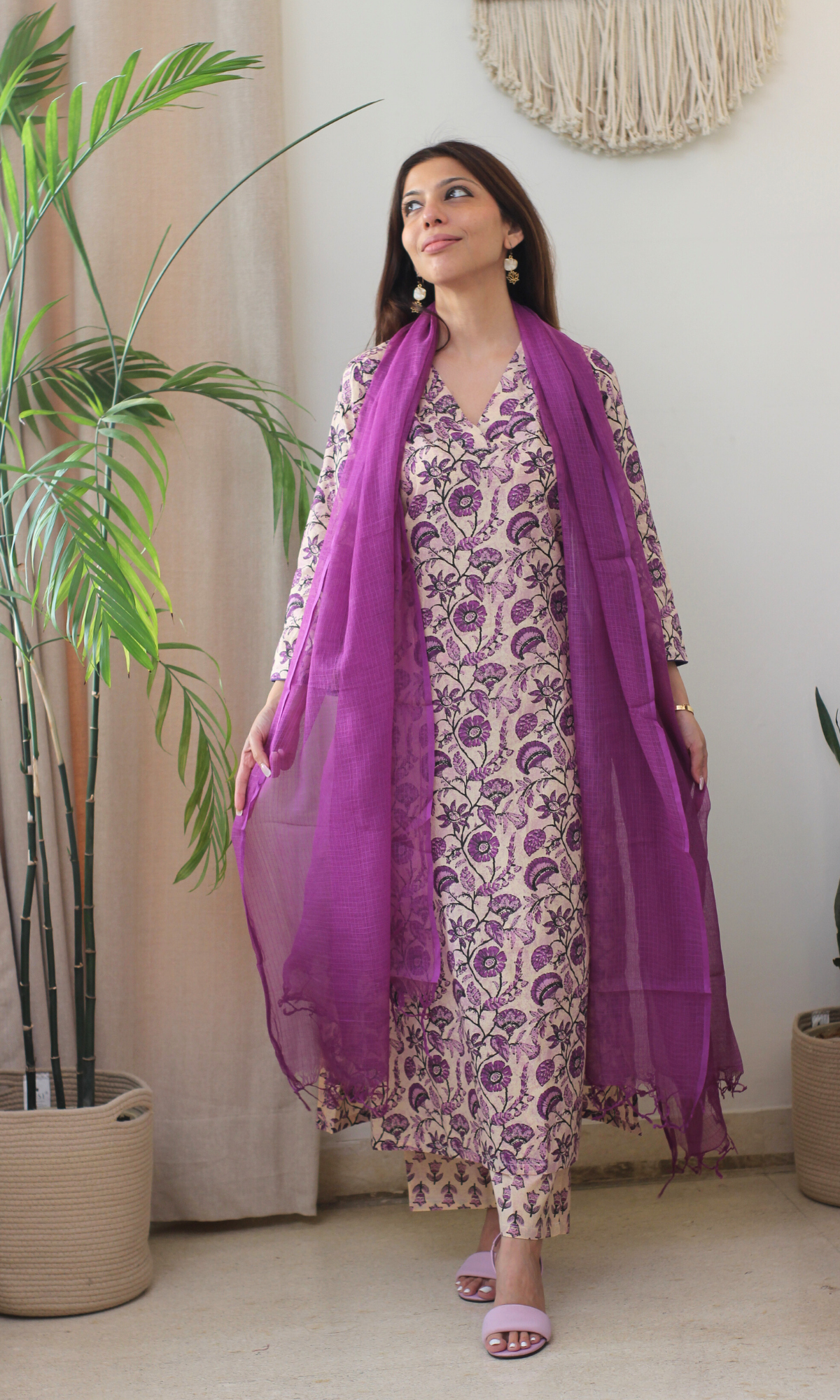 Cotton Dusty Lilac Dabu Print Kurta, Pant & Kota Doria Dupatta
