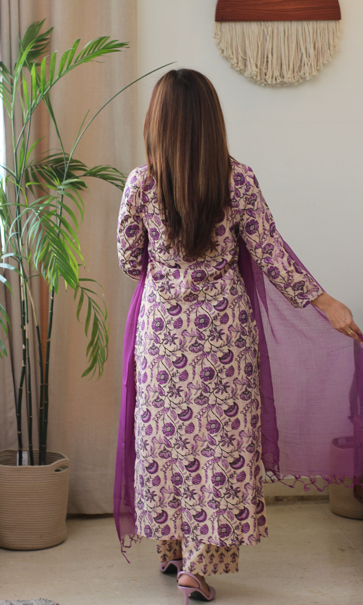 Cotton Dusty Lilac Dabu Print Kurta, Pant & Kota Doria Dupatta