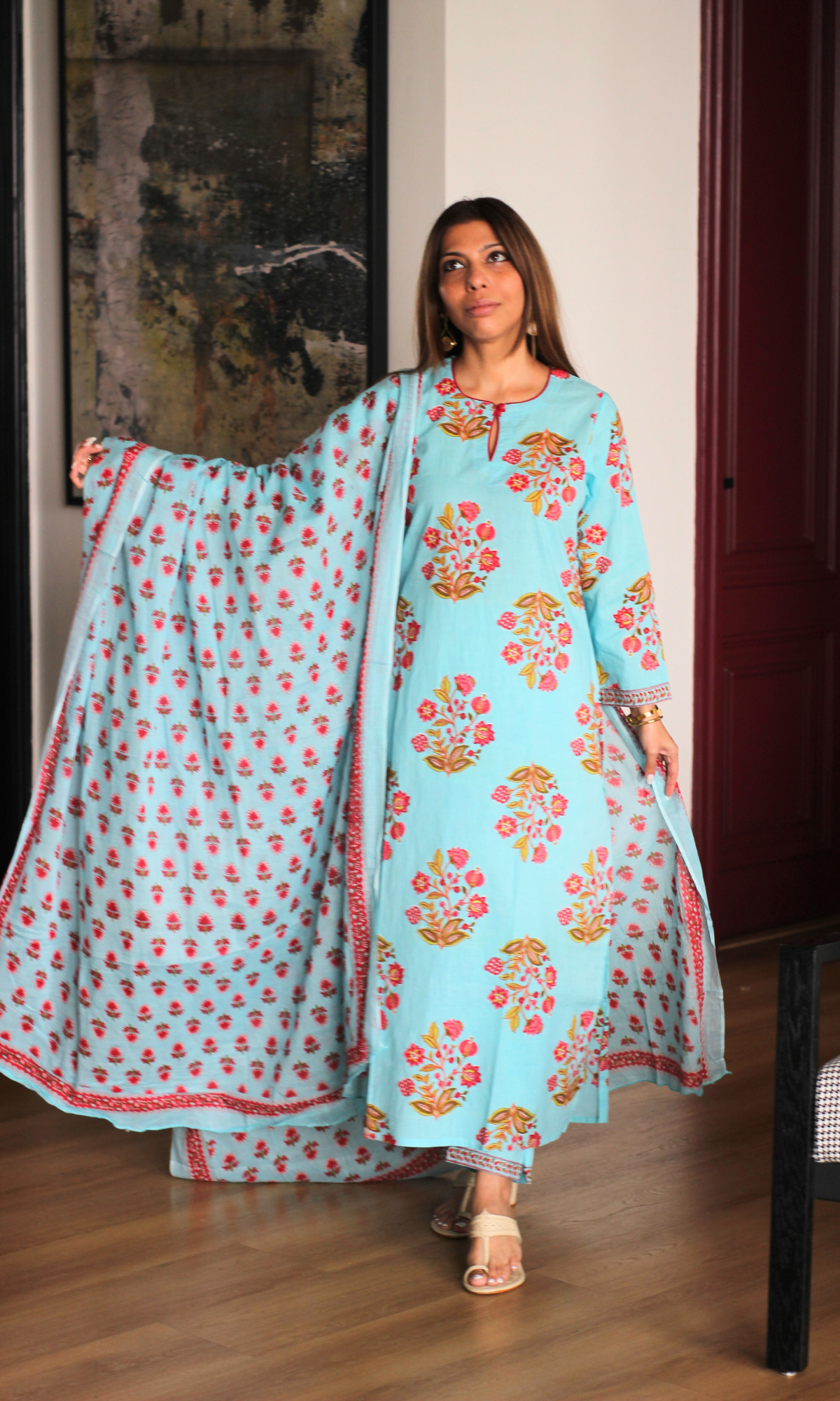Sea Blue & Red Mughal Print Kurta, Cotton Pants & Cotton Printed Dupatta