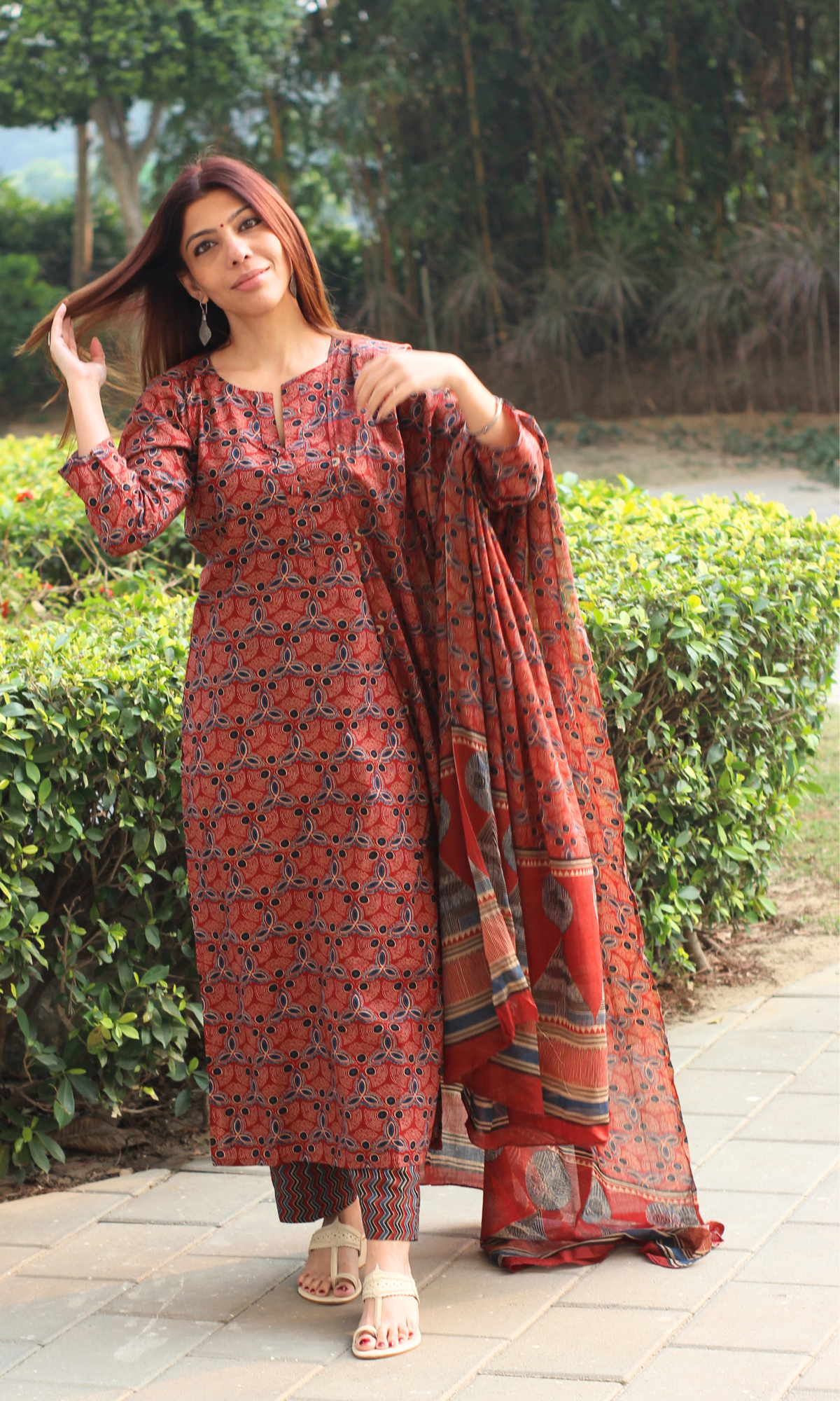 Cotton Red Kutch Ajrakh Print Suit with Cotton Printed Dupatta
