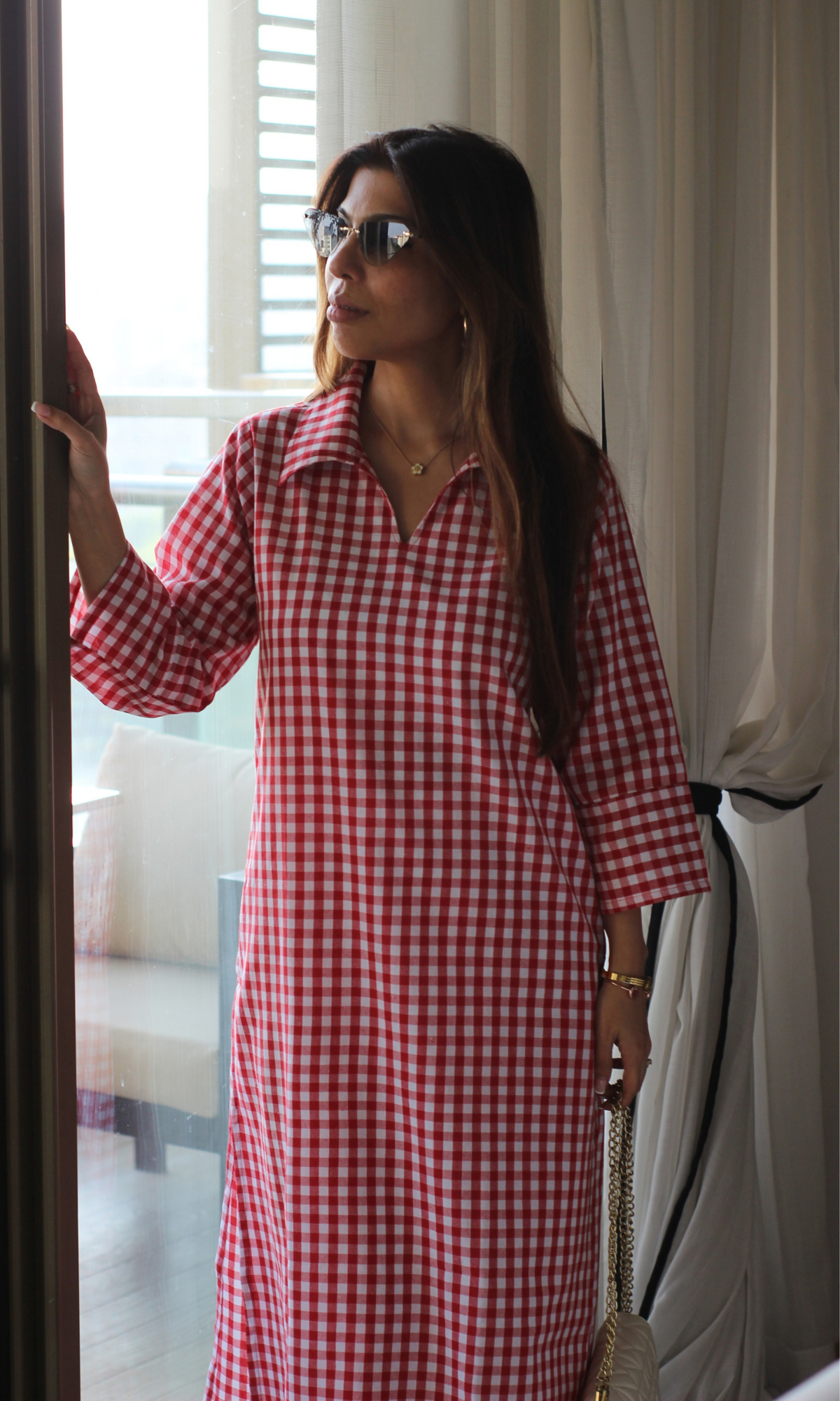 Red Checkered Collared Kurta with Cotton Pants