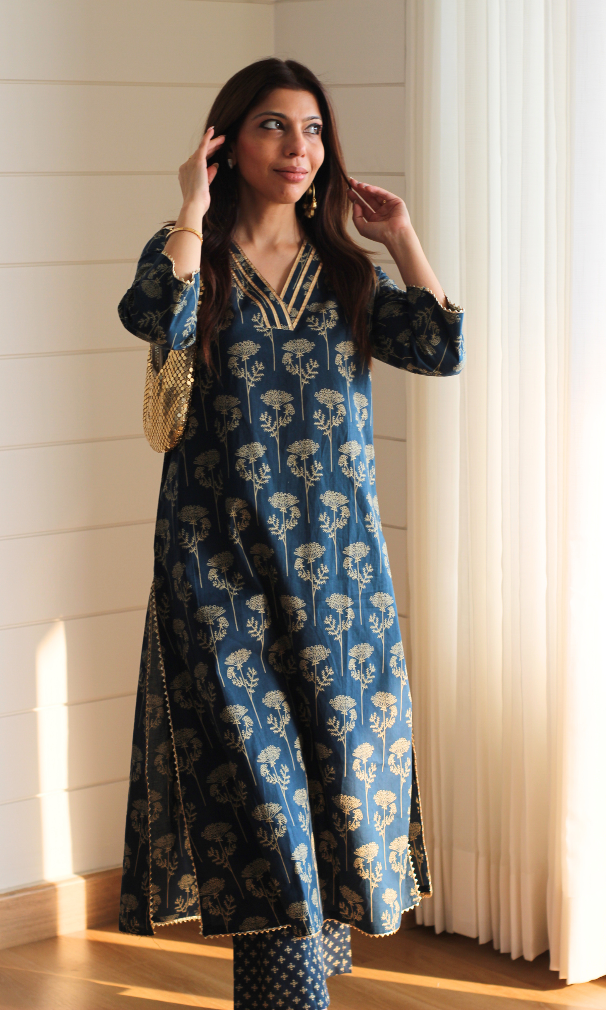 Cotton Peacock Teal & Gold Mughal Print Kurta & Pant