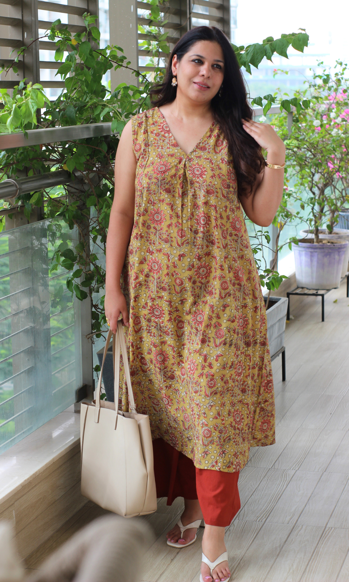 Pale Yellow Handblock Kalamkari Pleated Kurta & Cotton Pants