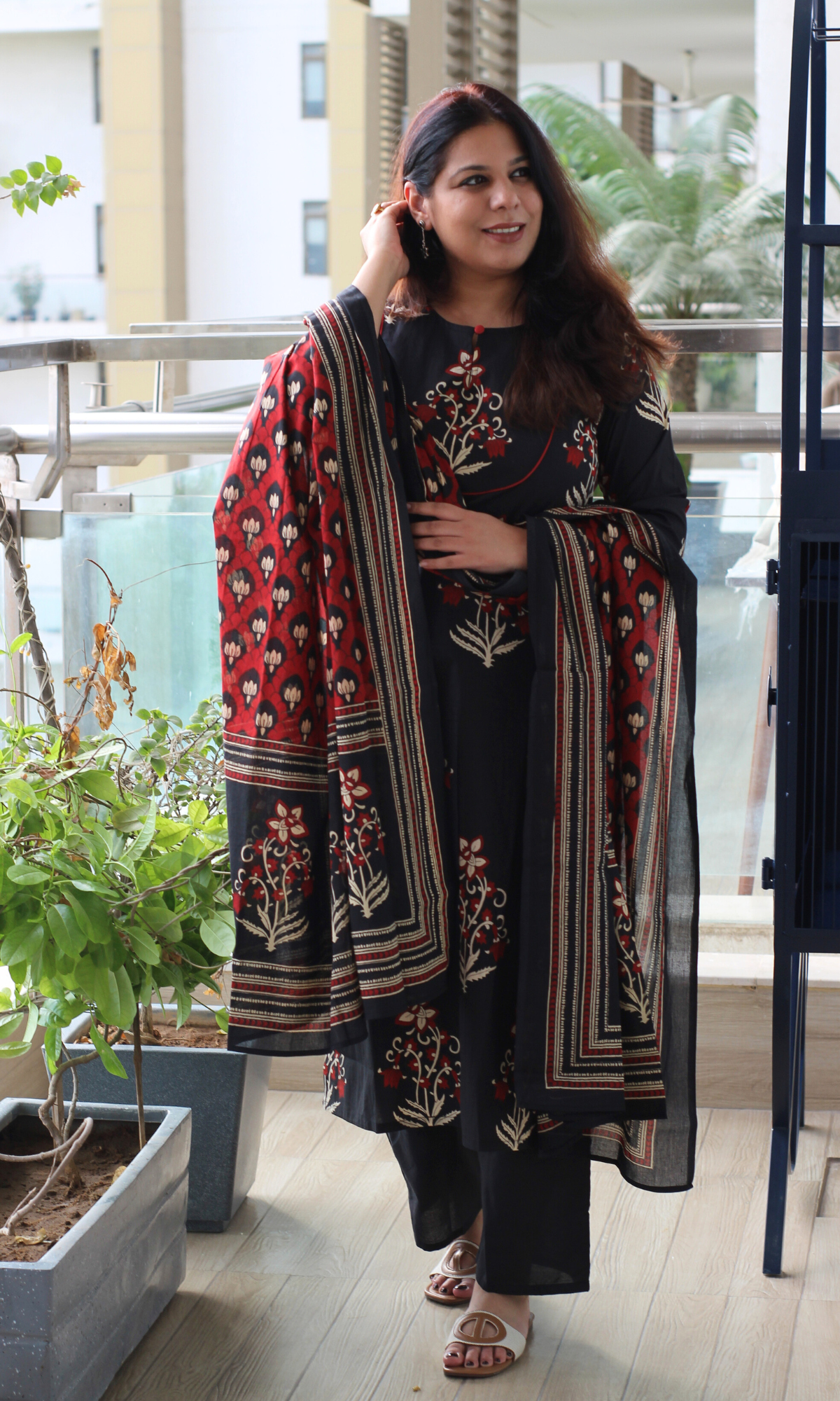 Cotton Black with Red Mughal Kurta, Block Printed Dupatta & Pants