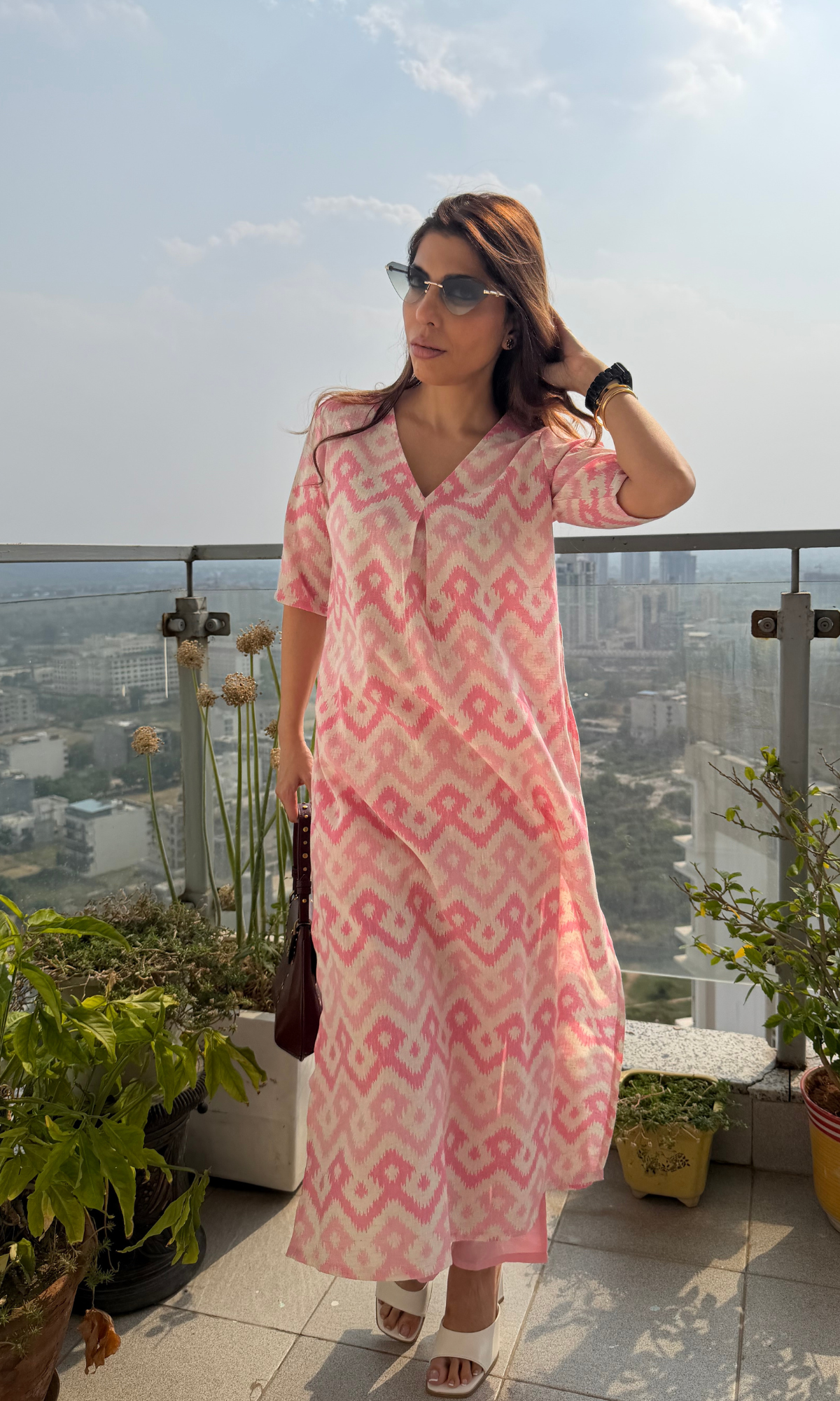 Pretty Pink Ikat Print Linen Blend Kurta & Cotton Pants