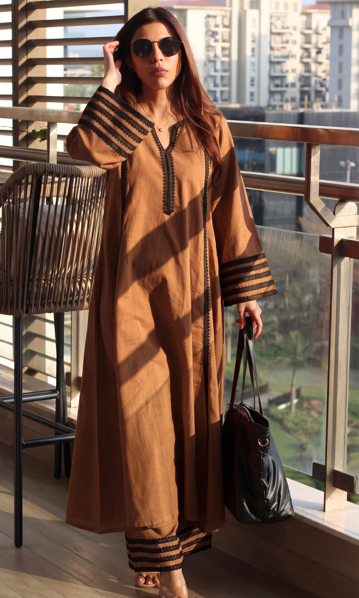 Cotton Slub Brown Laced Kali Kurta with Laced Palazzo