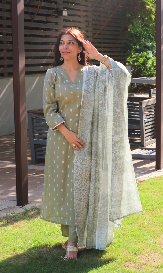Cotton Olive Green Dobby Kurta, Cotton Pants & Printed Dupatta