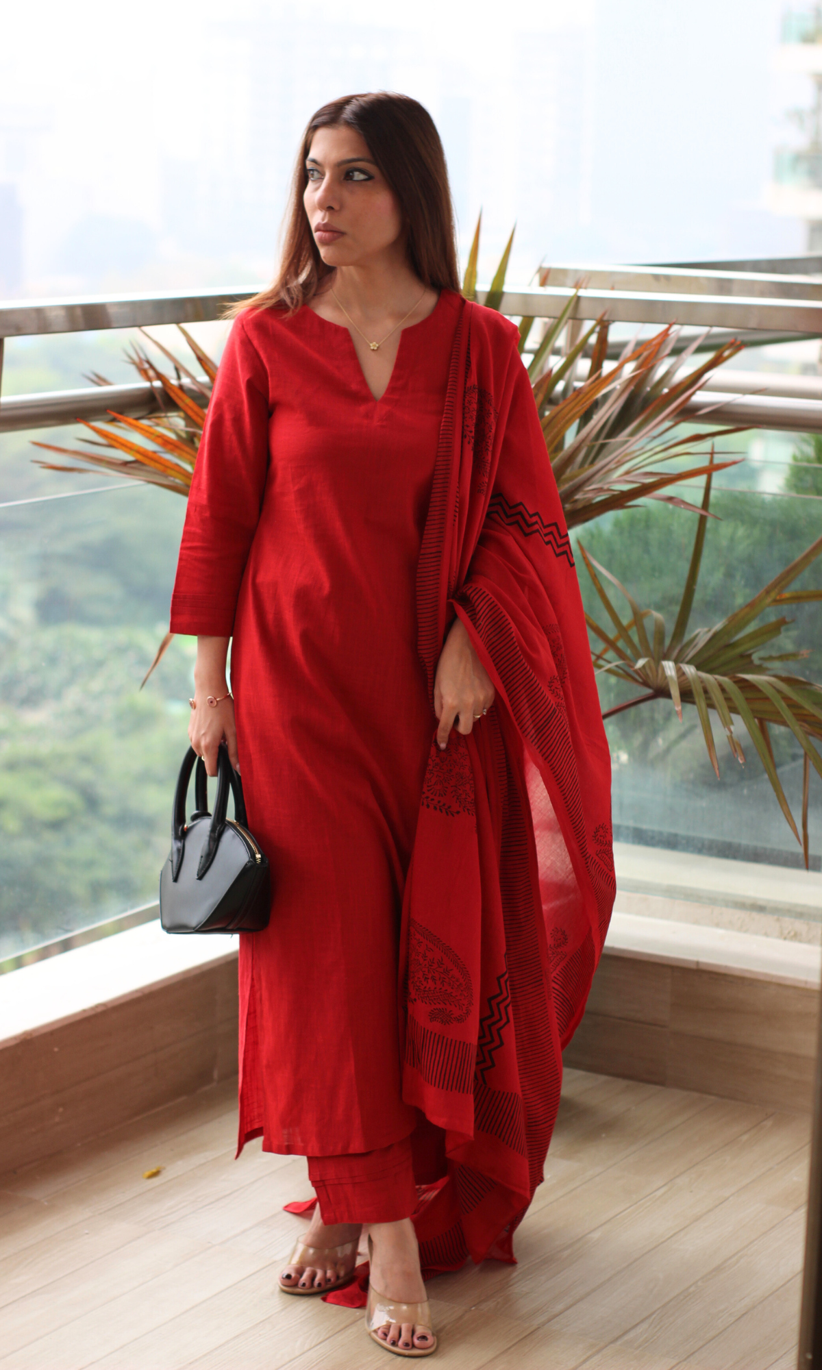 Cotton Slub Rose Red Suit with Mul Line Wave Dupatta