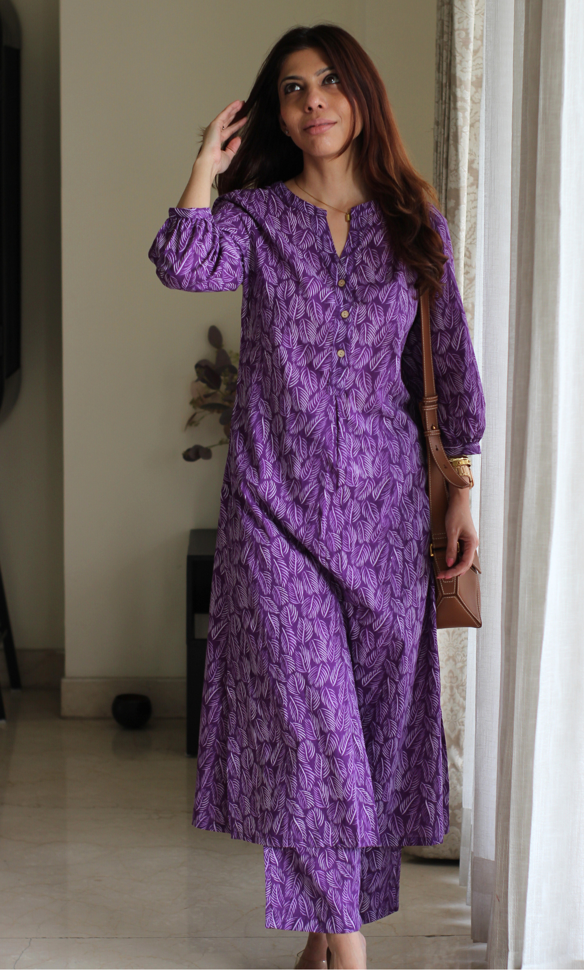 Purple Leaf Print Mandarin Neck Buttoned Kurta & Pant