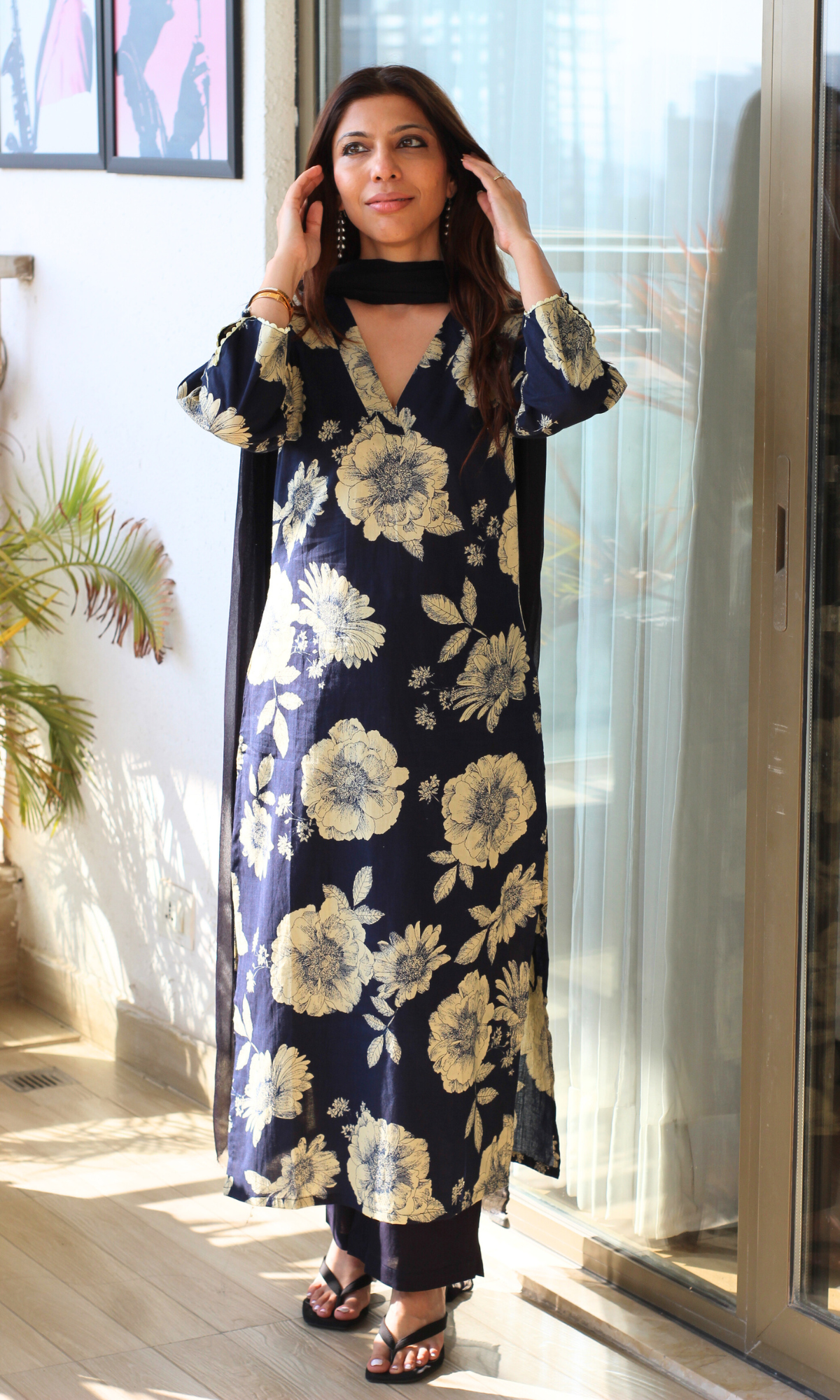 Navy Botanica Printed Kurta , Cotton Pants & Chiffon Dupatta