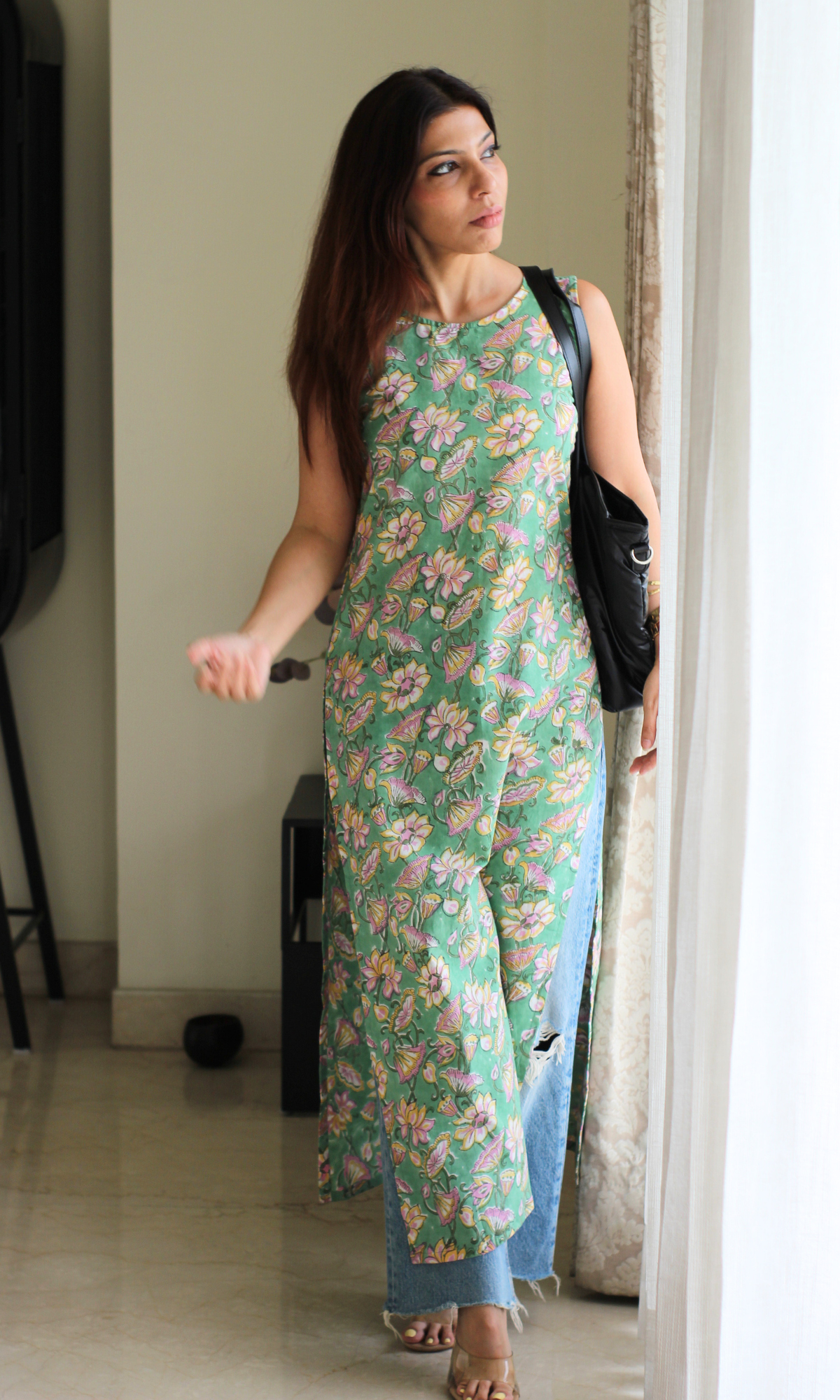 Green Cotton Handblock Print Boat Neck Straight Fit Kurta