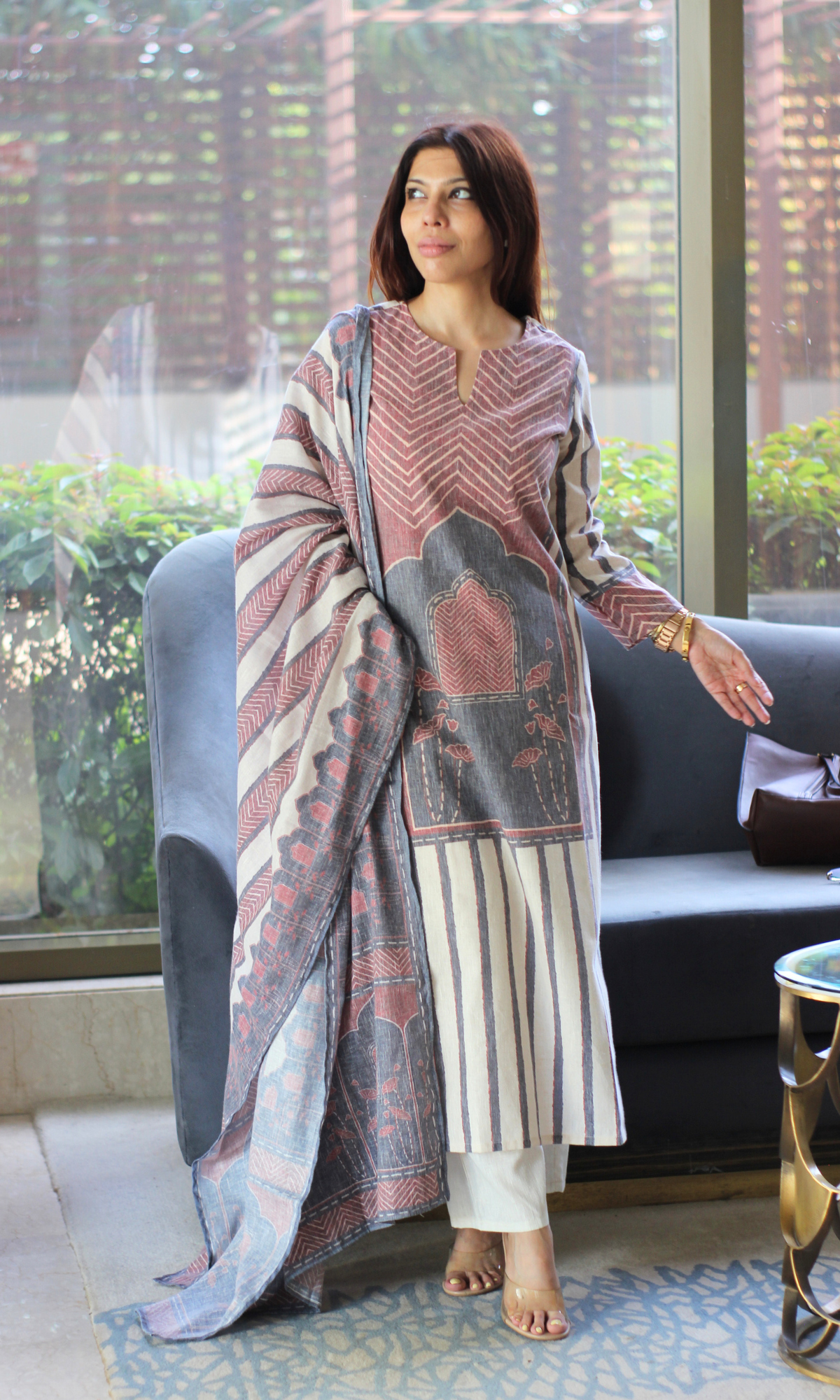 Linen Blend Mauve Sutra Print Kurta, Dupatta & Linen Blend Pants