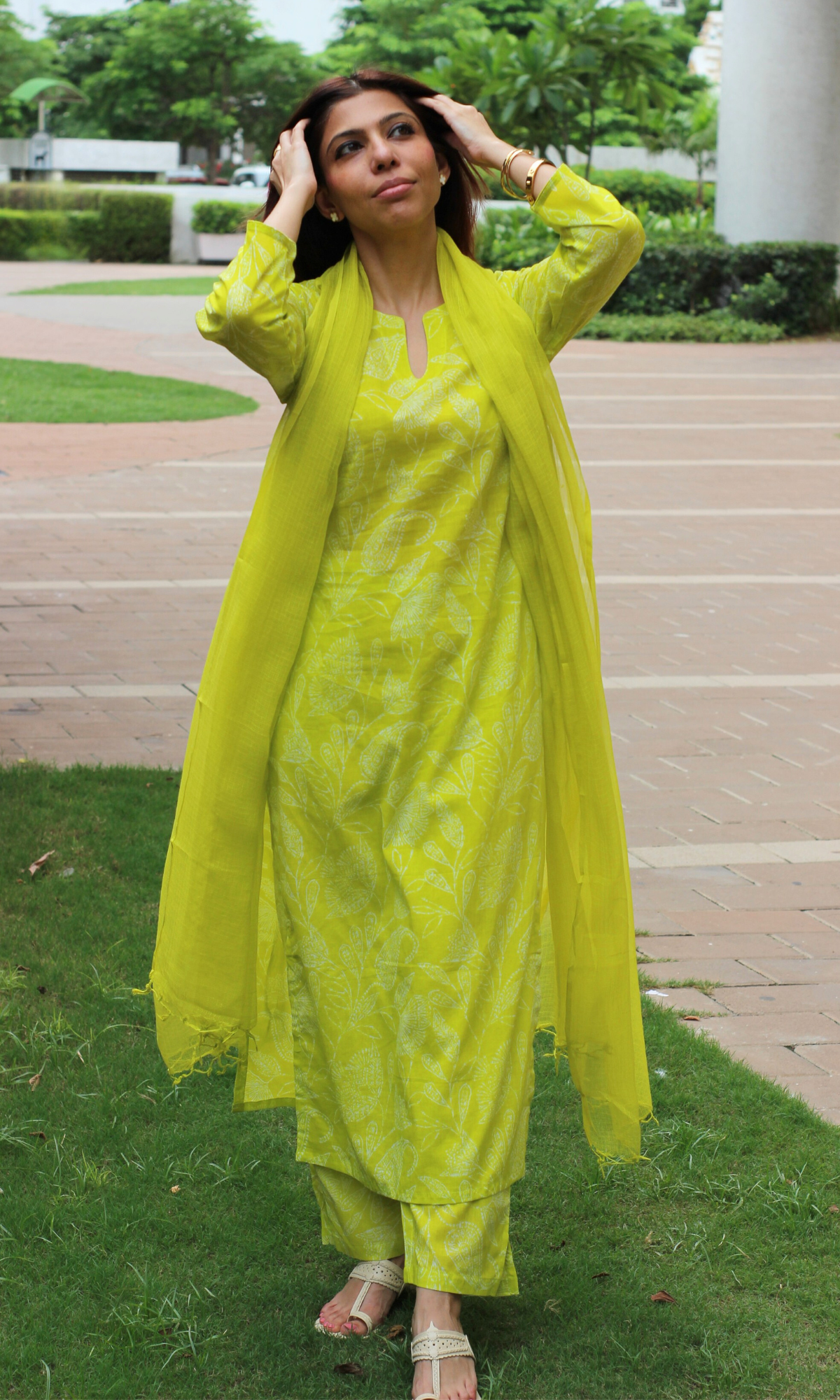 Lime Paisley Printed Cotton Kurta, Pant & Kota Doria Dupatta