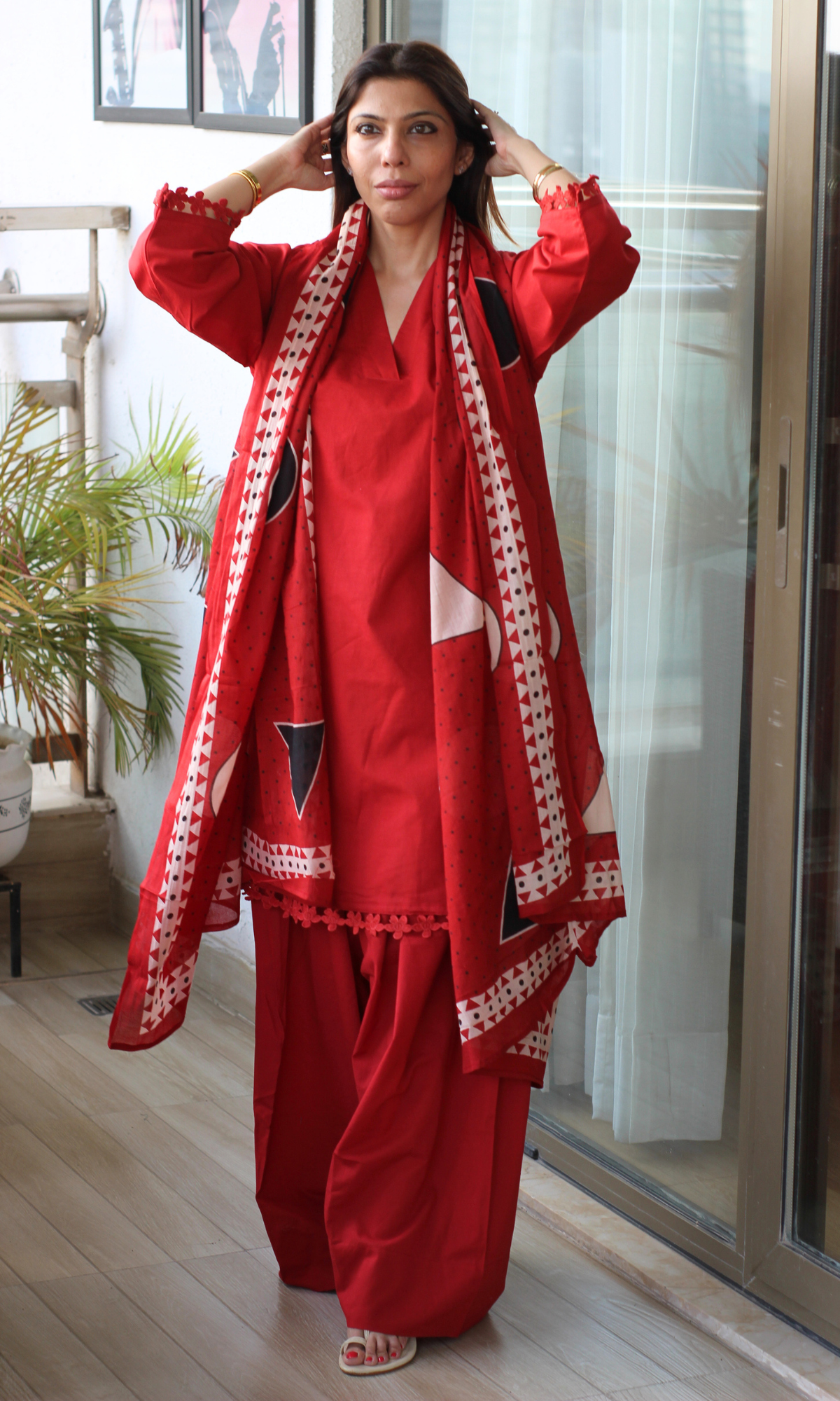 Red Zohra Kurta , Farshi Salwaar & Printed Dupatta