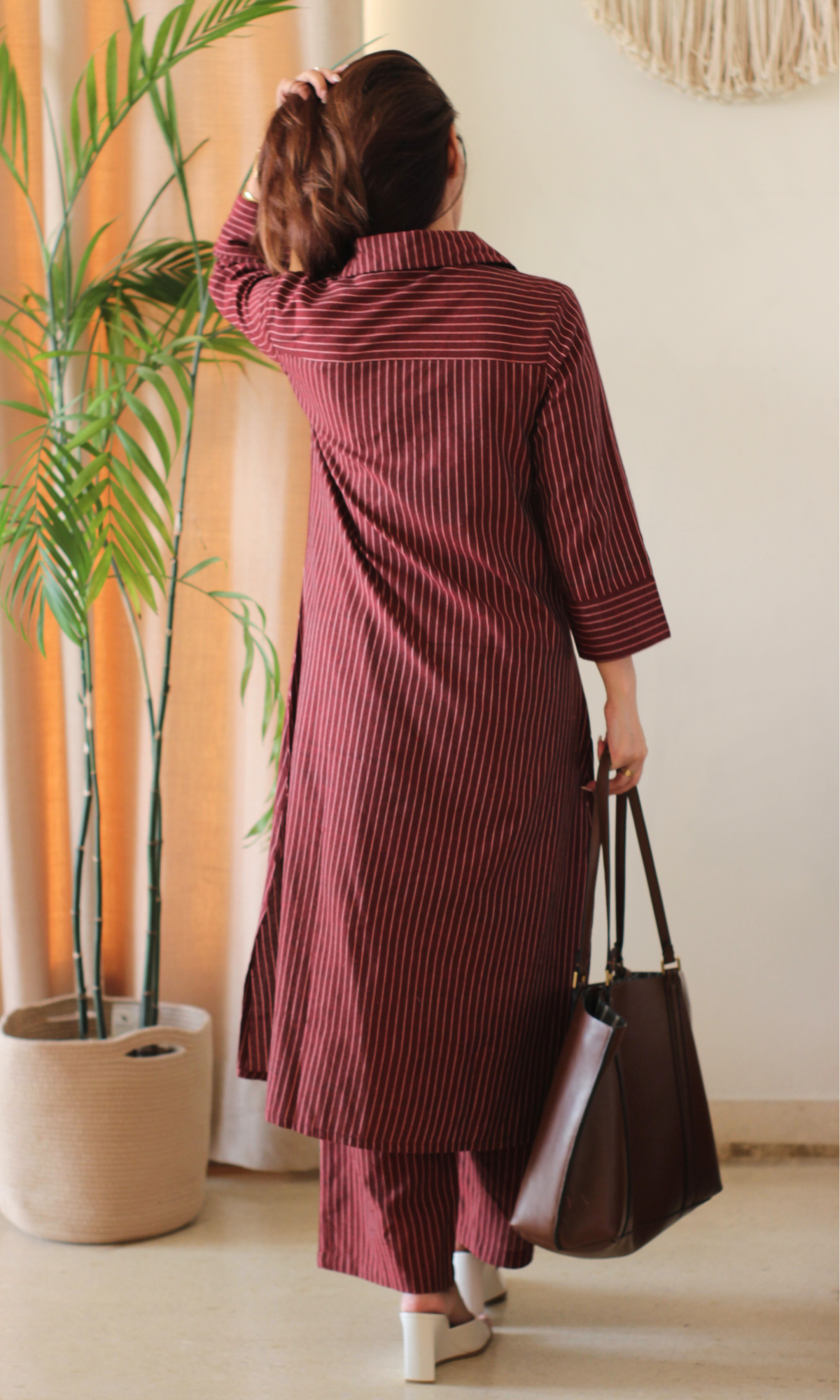Maroon Cotton Ikat Striped Kurta & Pants