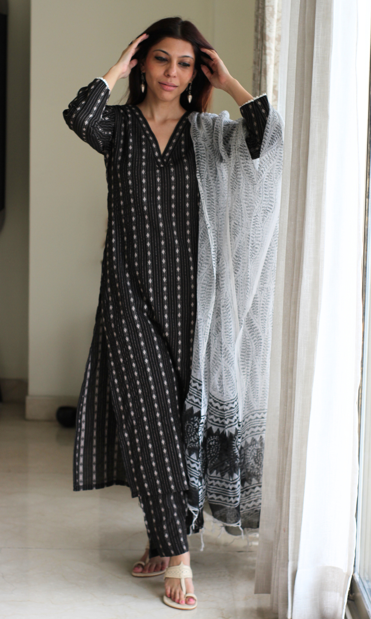 Black Kantha Kurta, Pant & Kota Doria Handblock Printed Dupatta