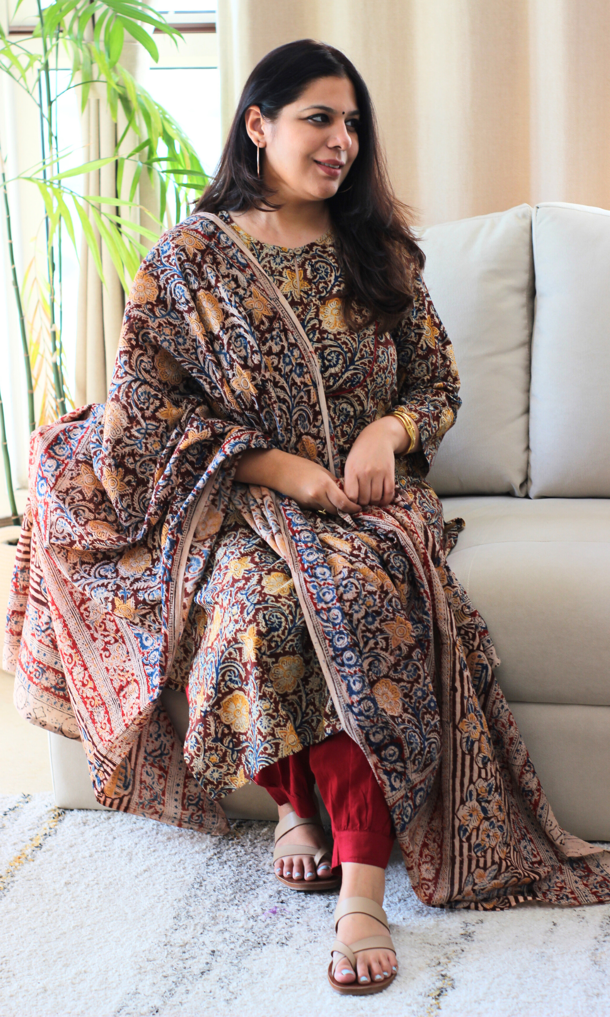 Deep Red & Yellow Flower Story Handblock Kalamkari Kurta, Dupatta & Afghani Pants