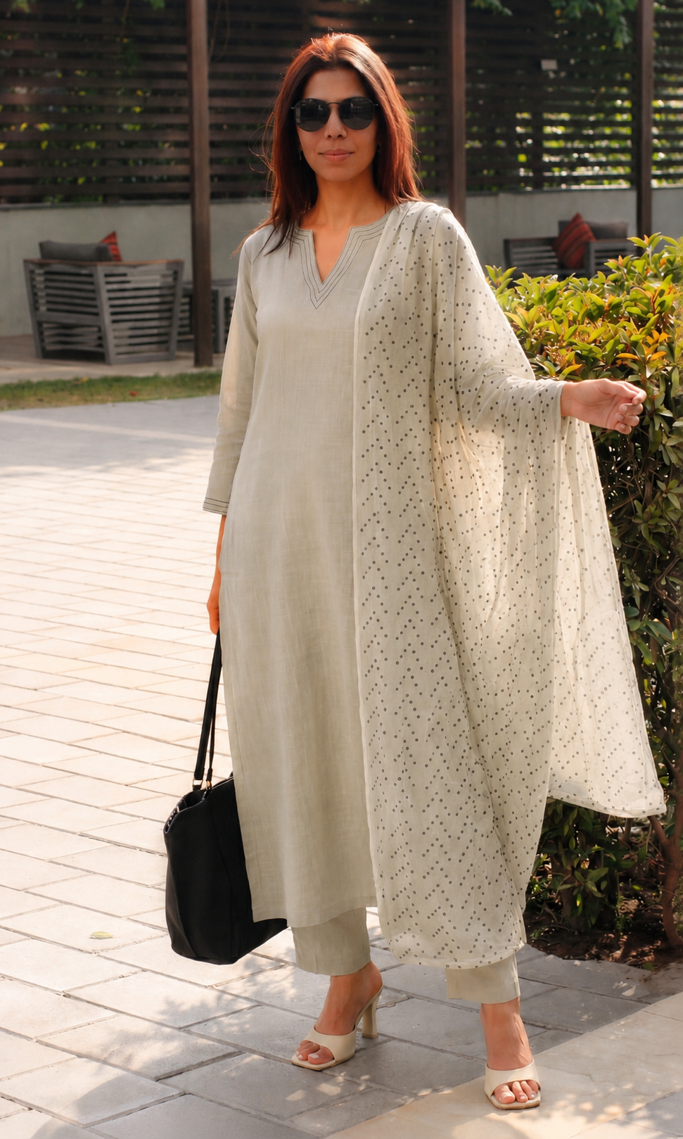 Cotton Slub Sage-beige Suit with Mul Polka Dupatta
