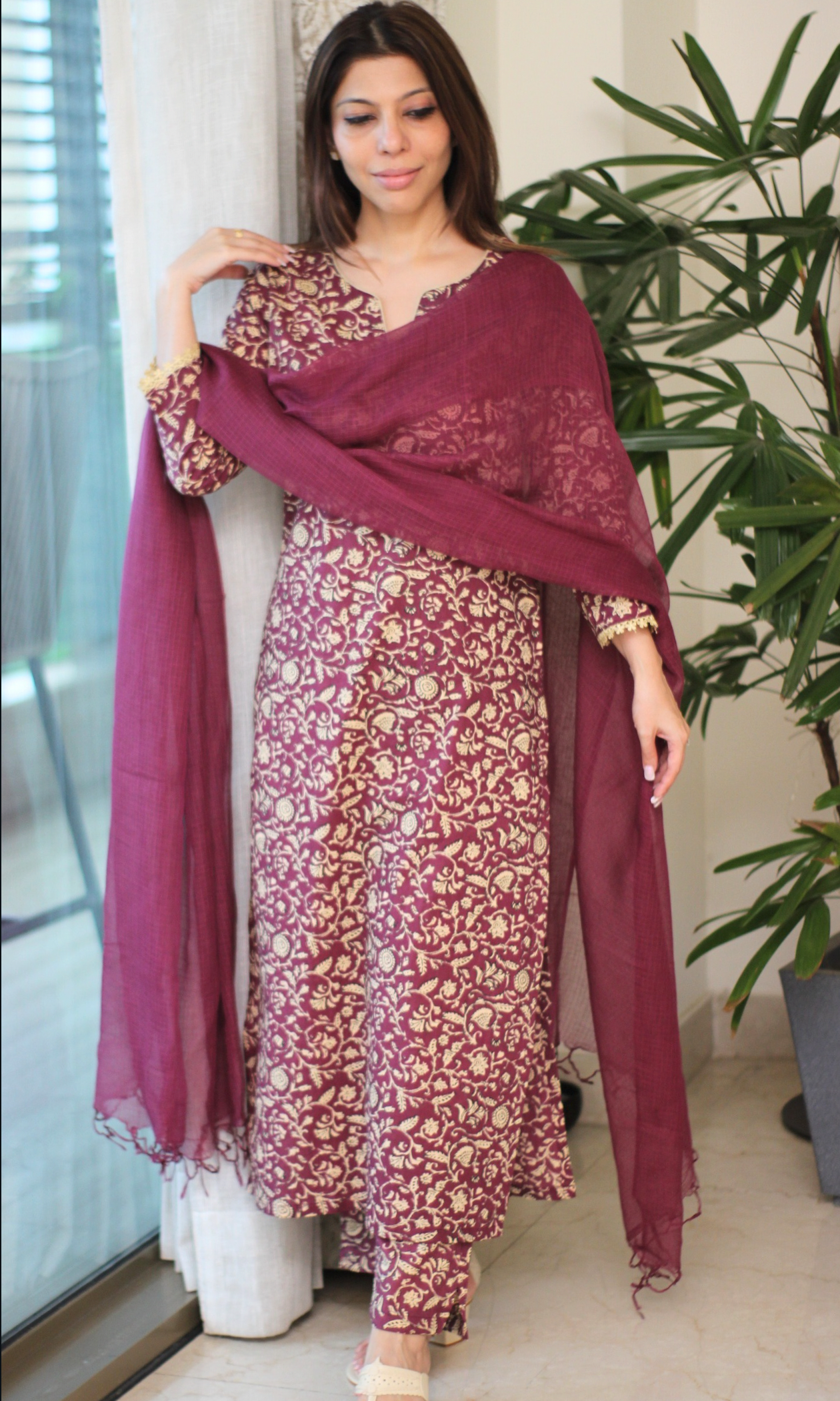 Sangria Baagh Printed Cotton Kurta, Pant & Kota Doria Dupatta