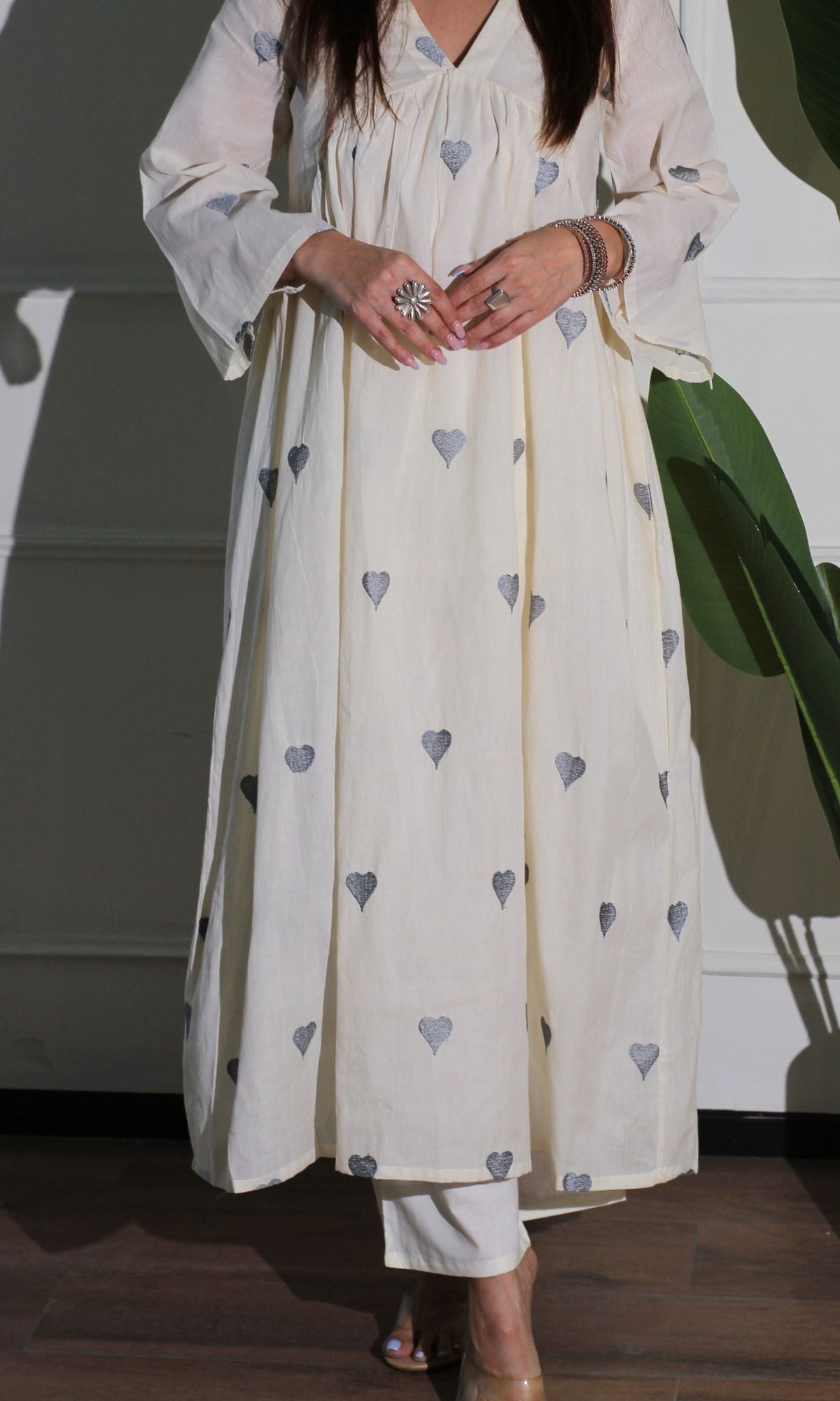 Ash Hearts Cotton Flared Kurta & Pant Set - Baareeki