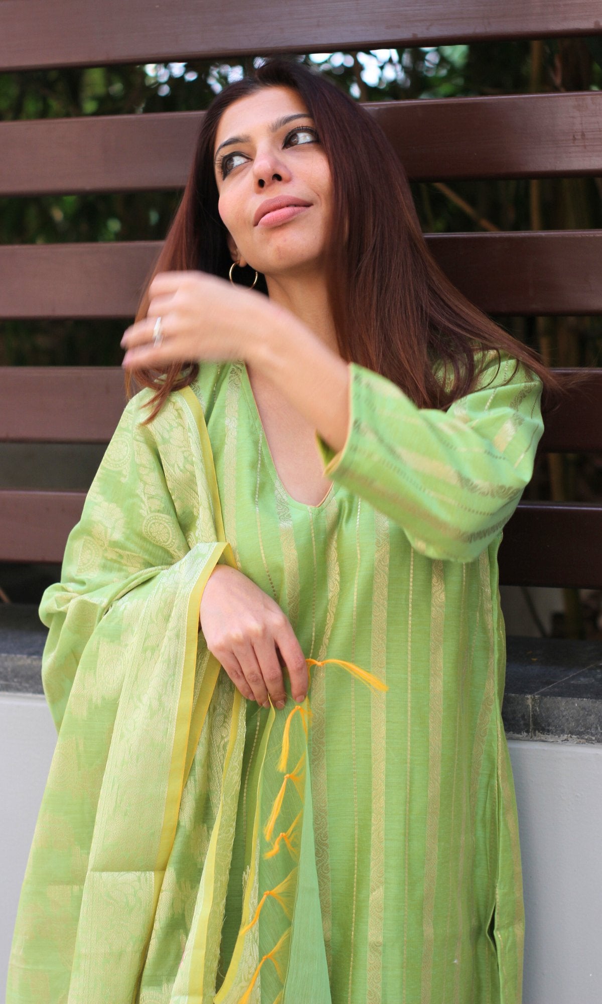Banarasi Lime Green & Gold Zari Kurta with Dupatta & Plain Pants - Baareeki
