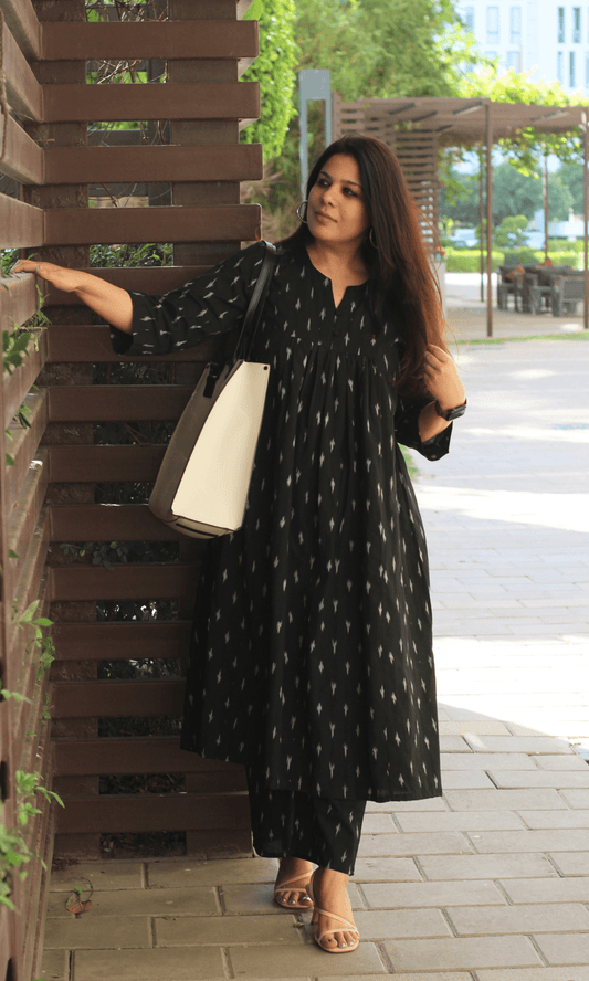 Black Cotton Ikkat Pleated Co - ord - Baareeki